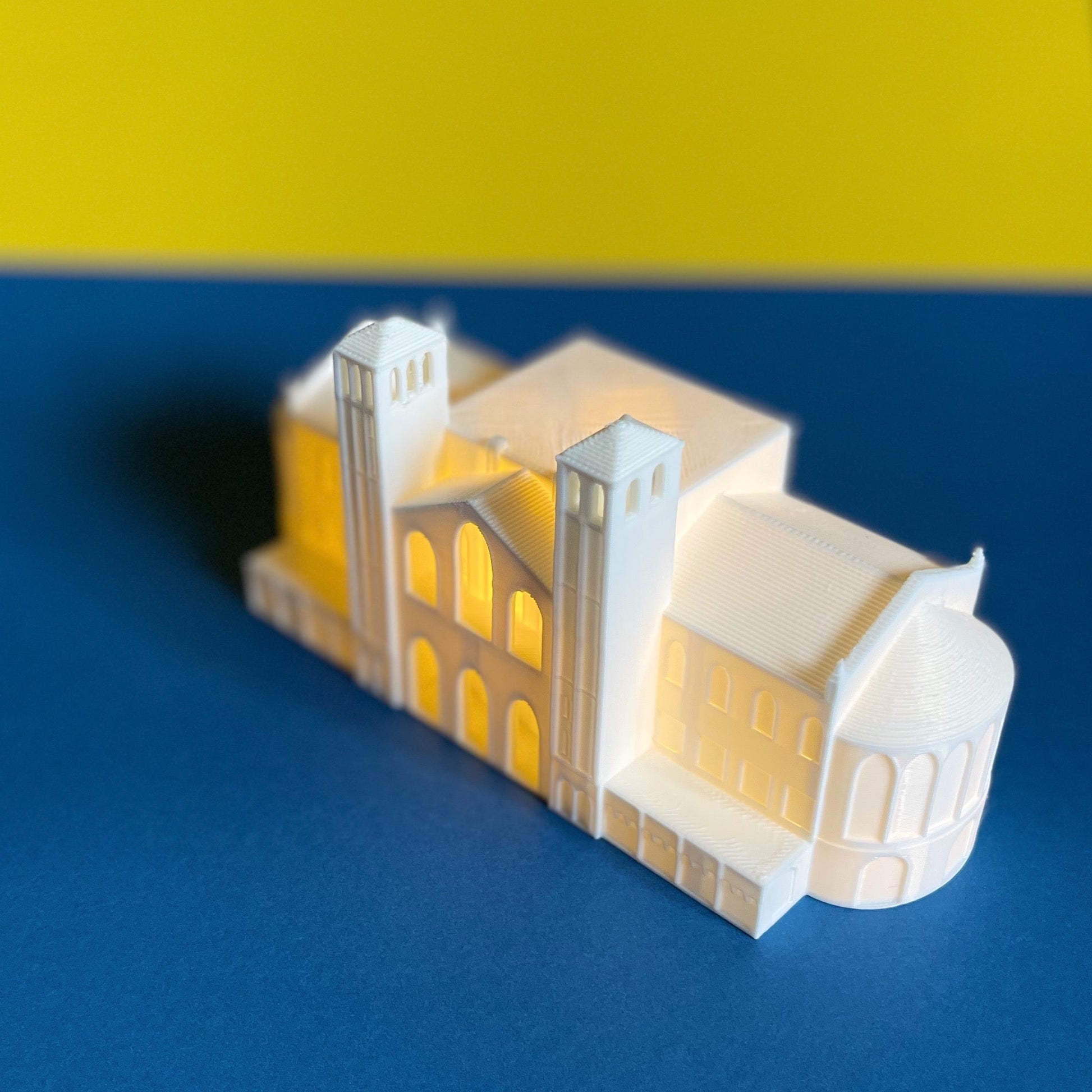 Top view of the lighted Royce Hall figurine for UCLA.