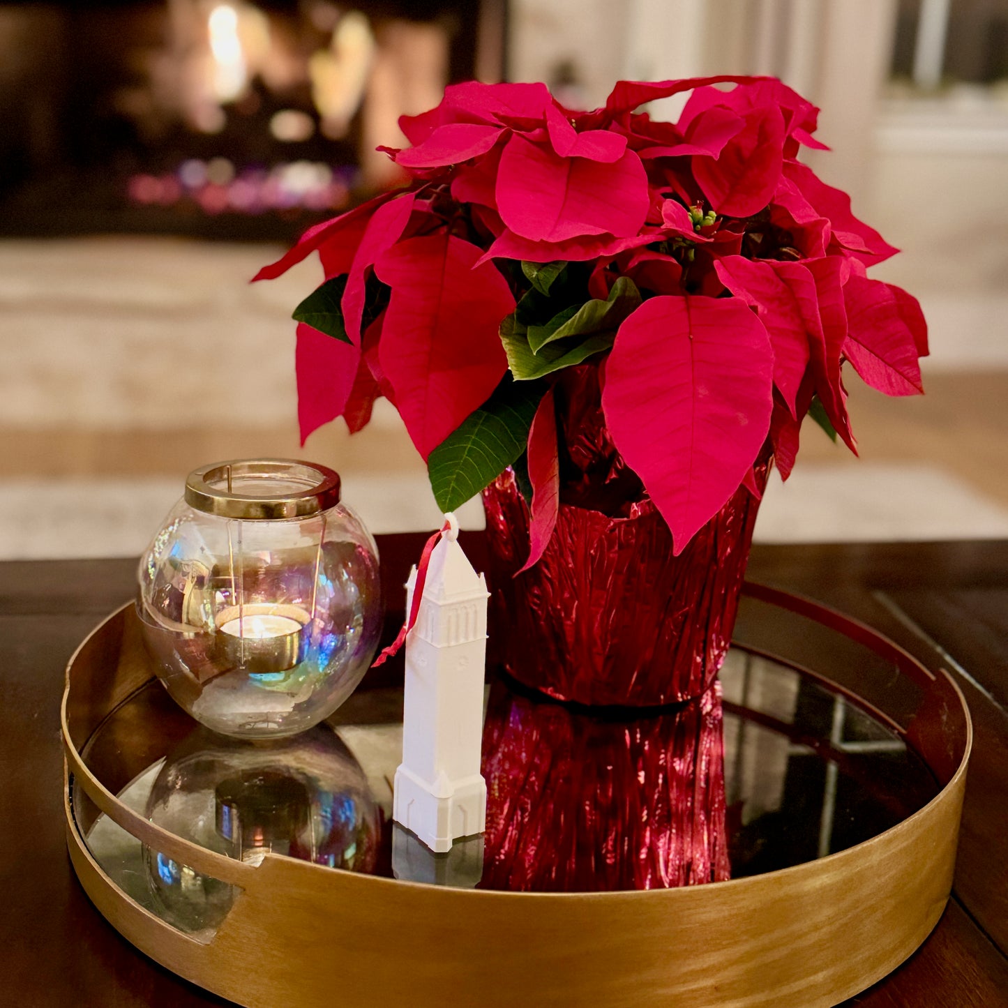 The Iowa State campus ornament, shown in a home decorated for Christmas.