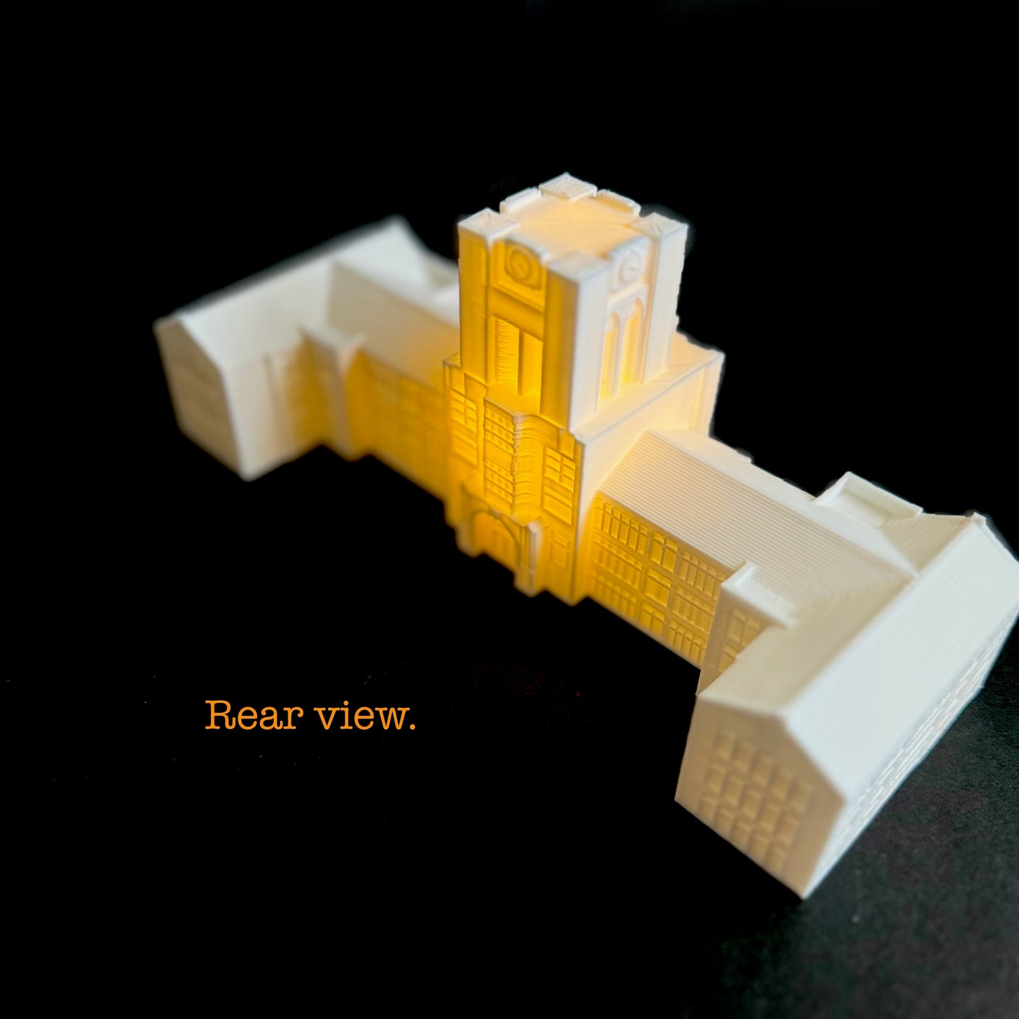 Rear view of the 3D printed figurine of the Tennessee Ayers Hall.