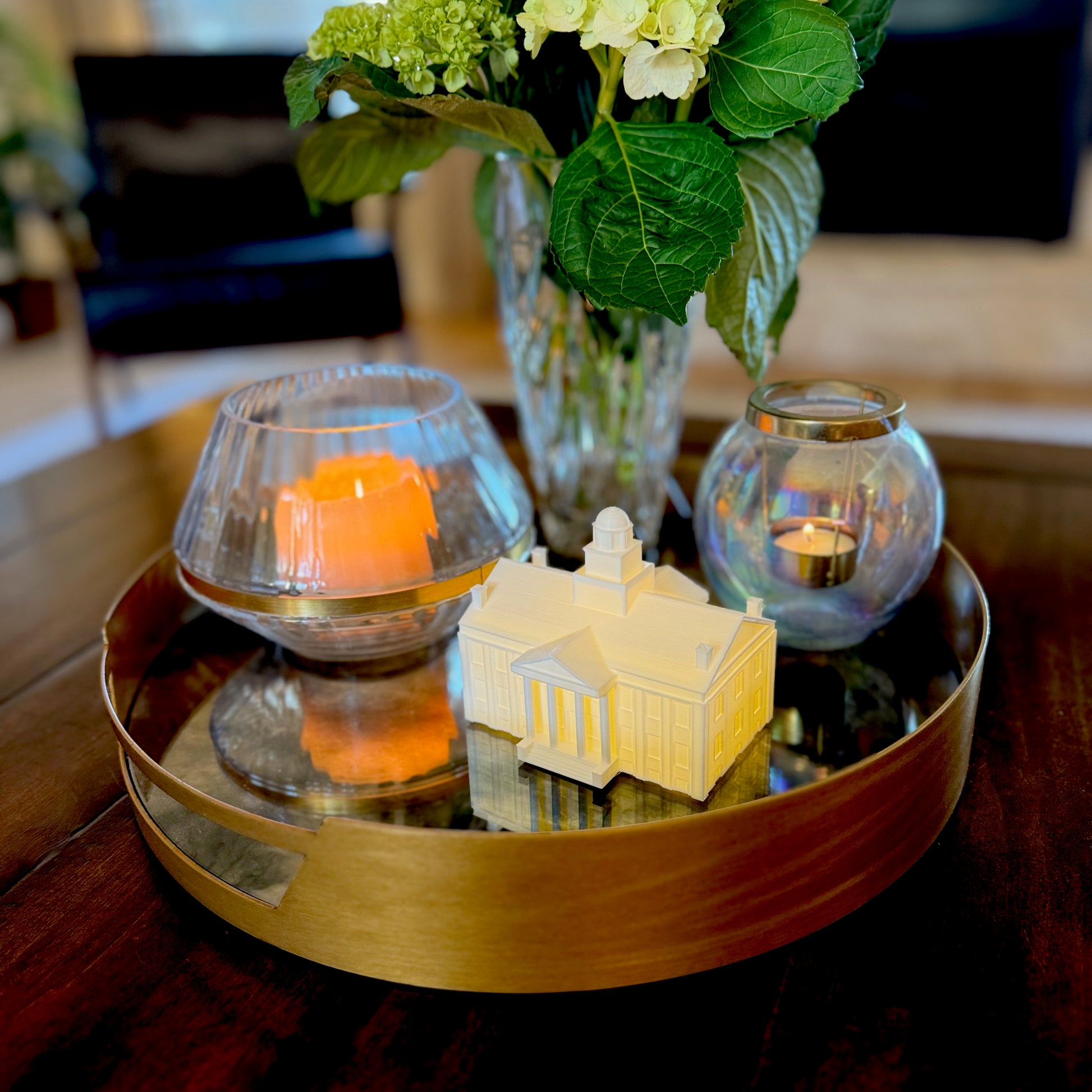 The University of Iowa keepsake, shown on a living room tray.