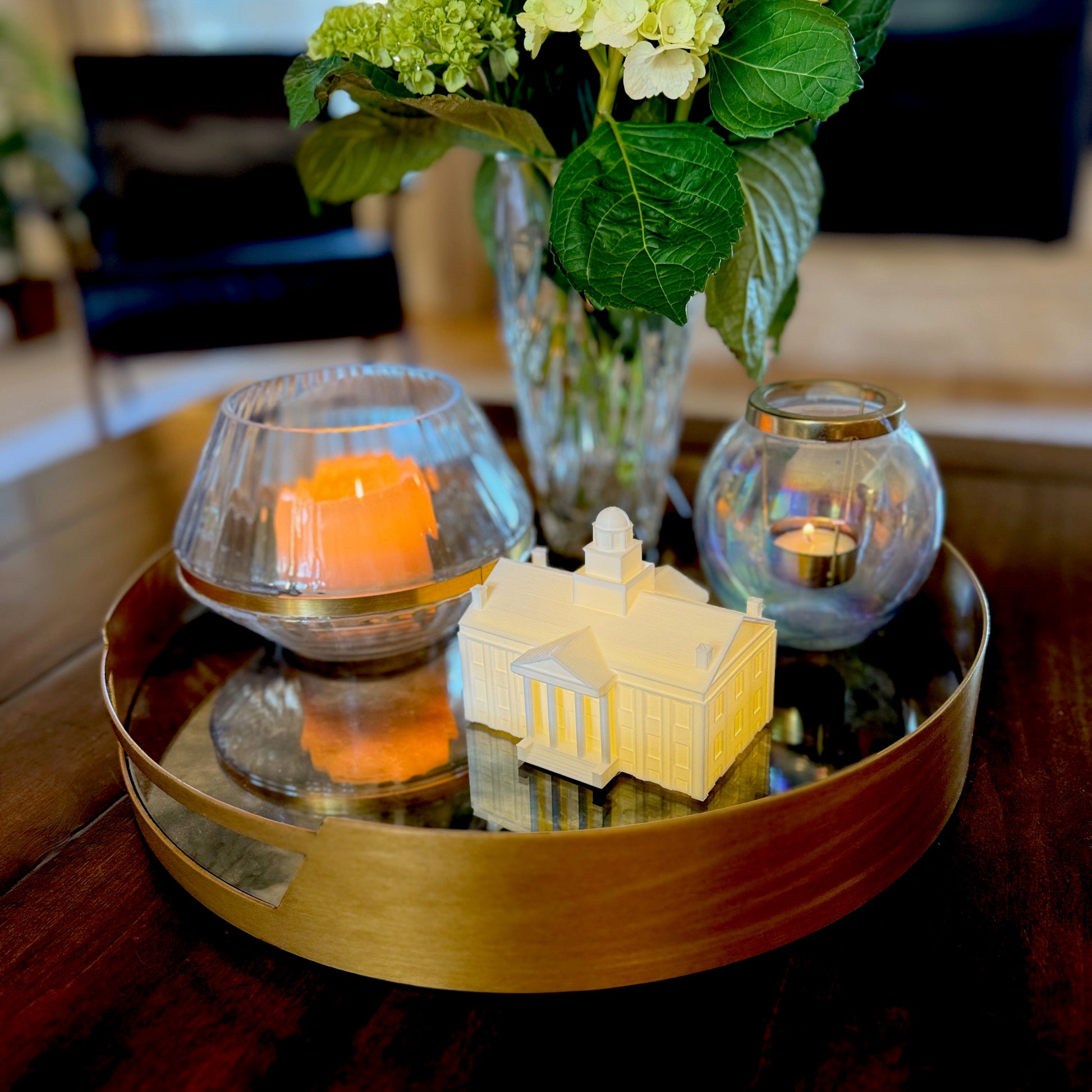 The Iowa Old Capitol home decoration, shown styled on a living room tray.