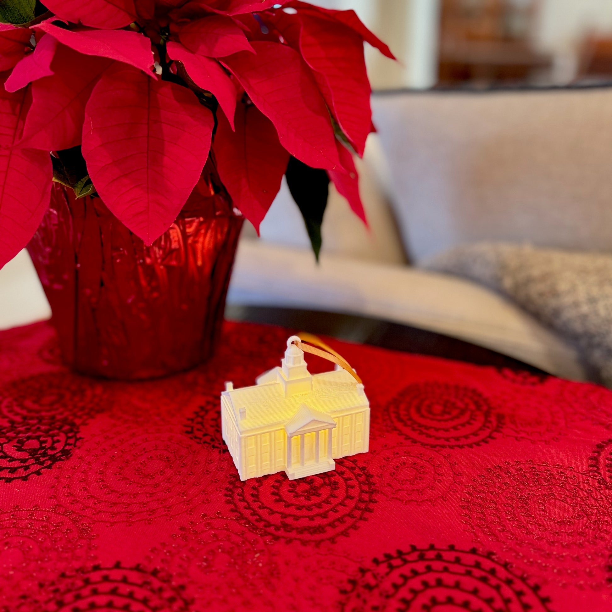 The University of Iowa Hawkeyes ornament, shown in a home decorated for Christmas.