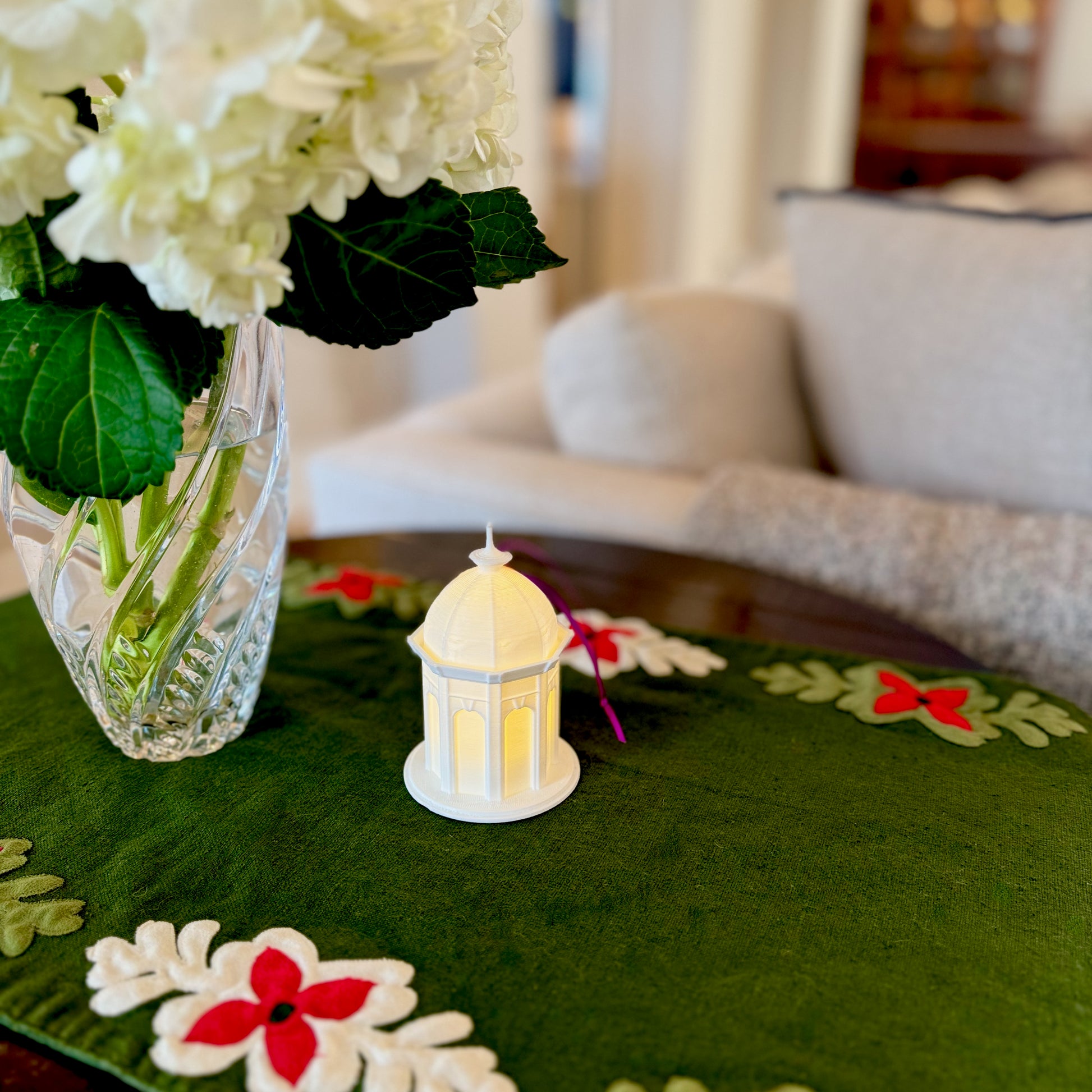 The East Carolina Cupola ornament, shown in a home decorated for Christmas.