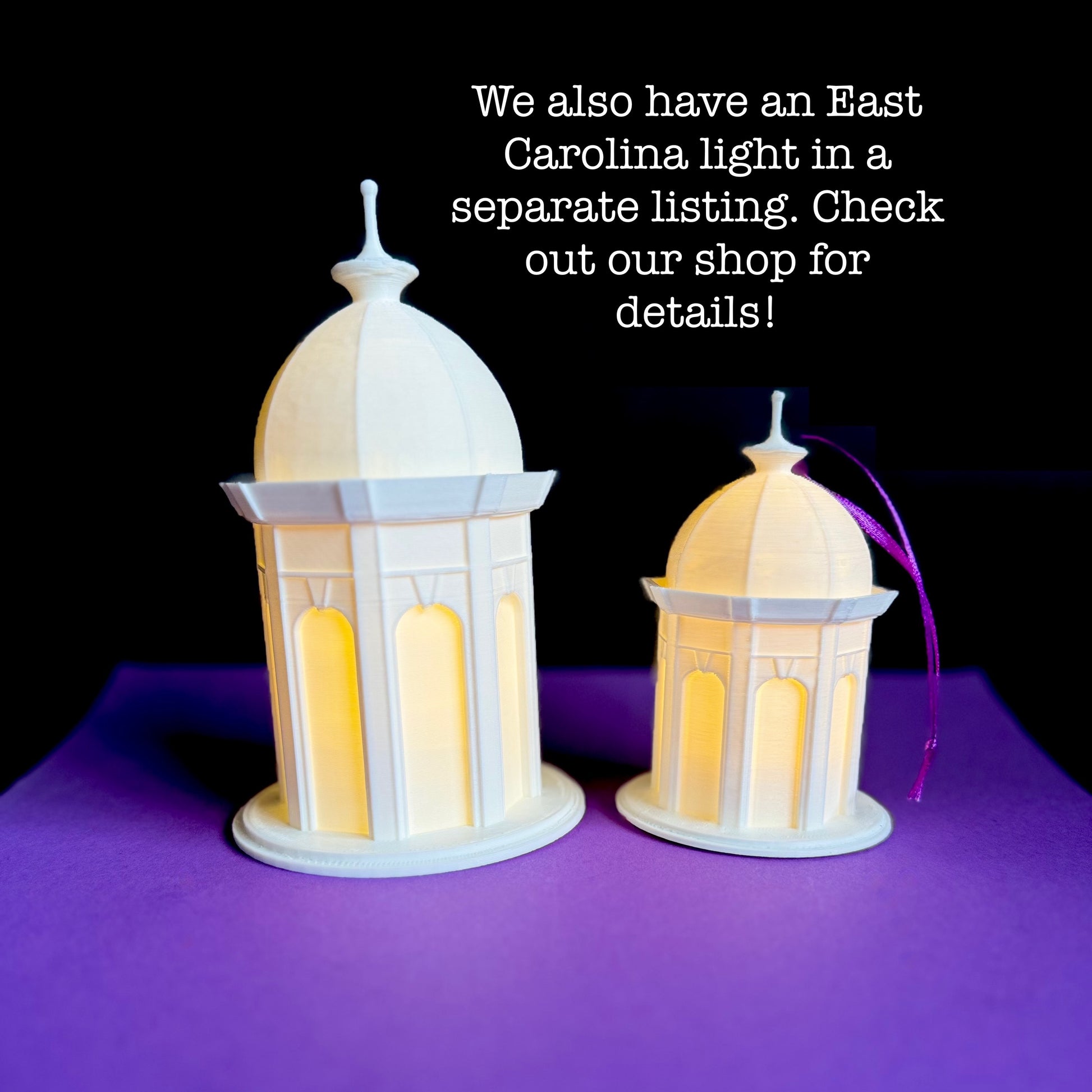 The lighted East Carolina Cupola ornament and the lighted ECU figurine.