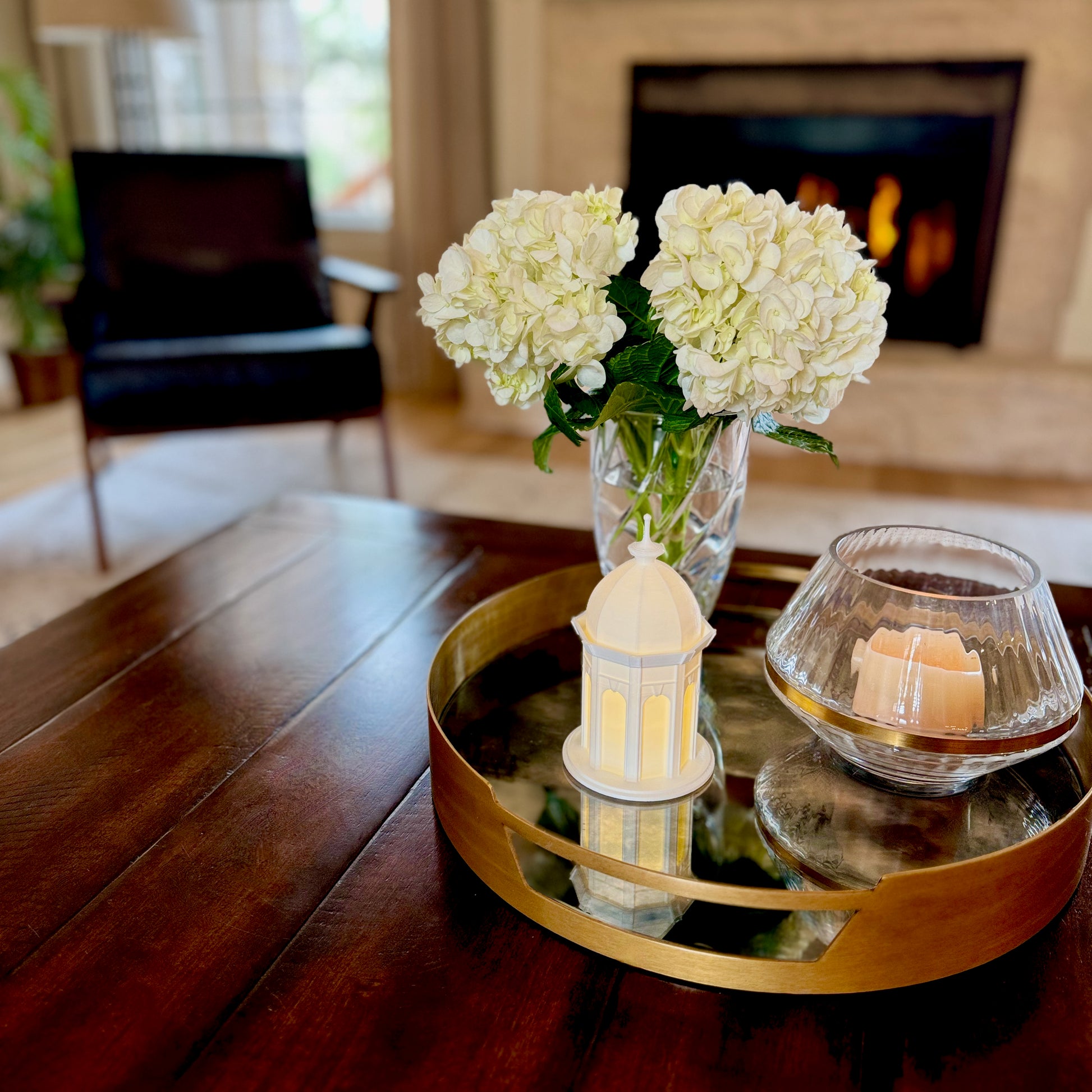 The East Carolina University night light, shown on a living room tray.