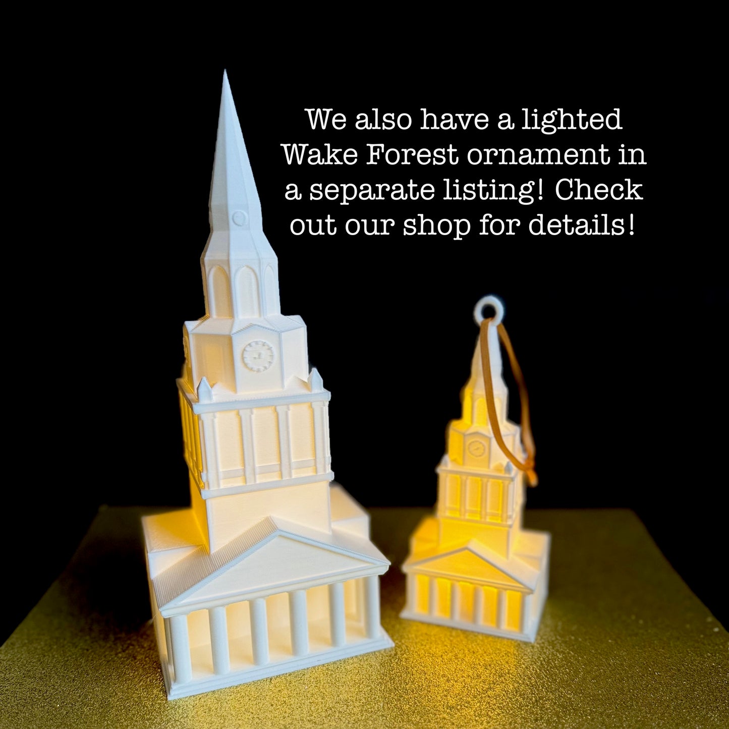 The Wake Forest groom's cake figurine, shown next to the Wake Forest ornament.