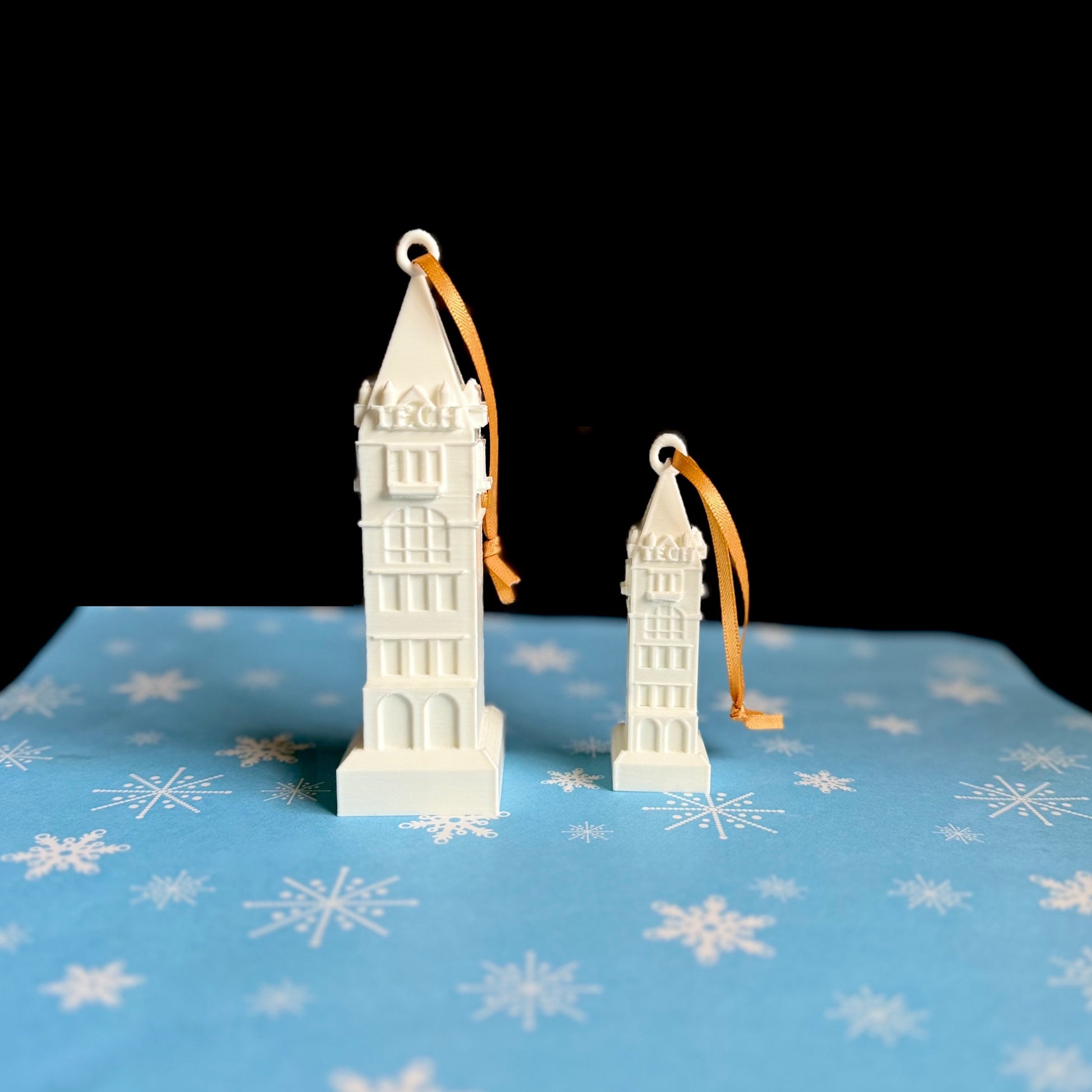 The Georgia Tech ornaments, designed as a replica of the Georgia Tech Tower.