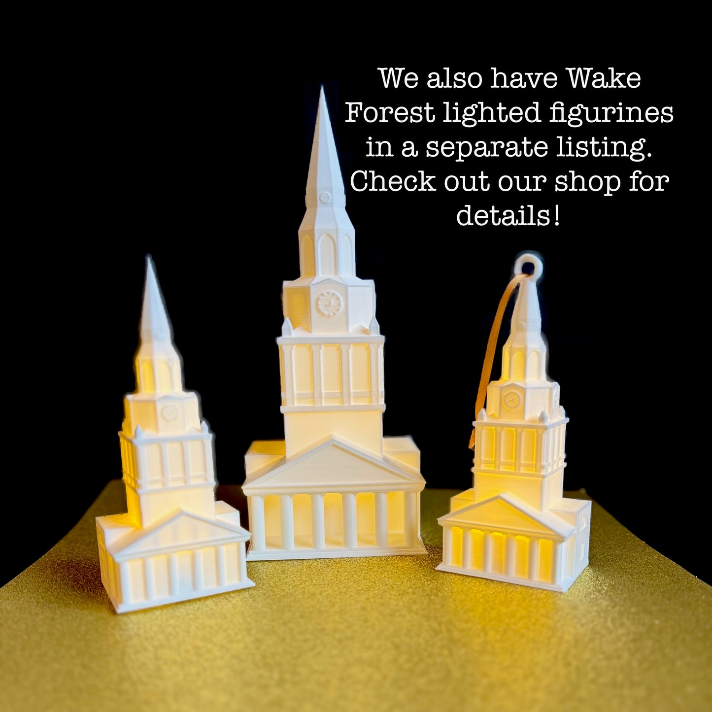 The Wake Forest ornament, shown alongside the Wait Chapel figurines.