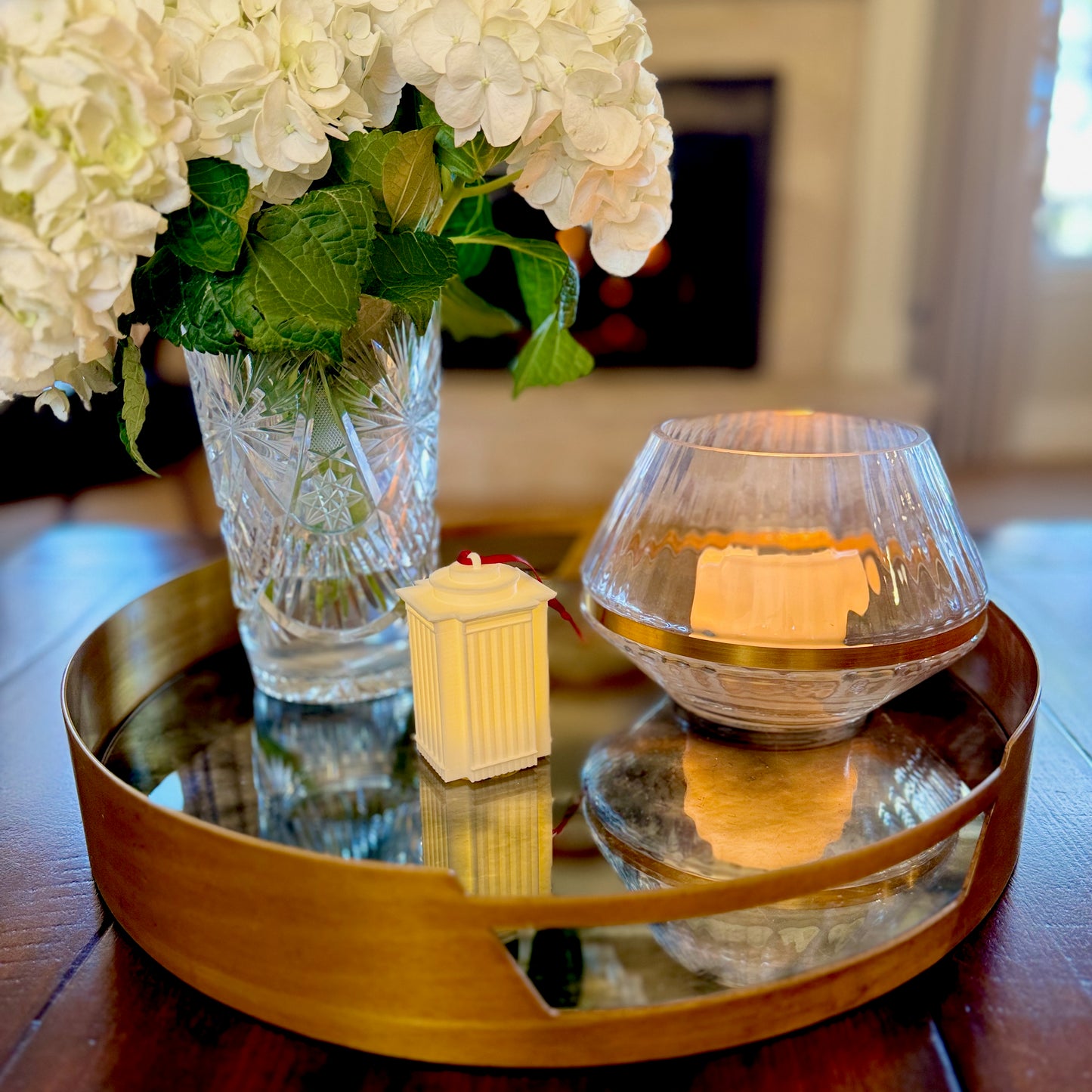 The lighted USC ornament, shown on a living room tray.