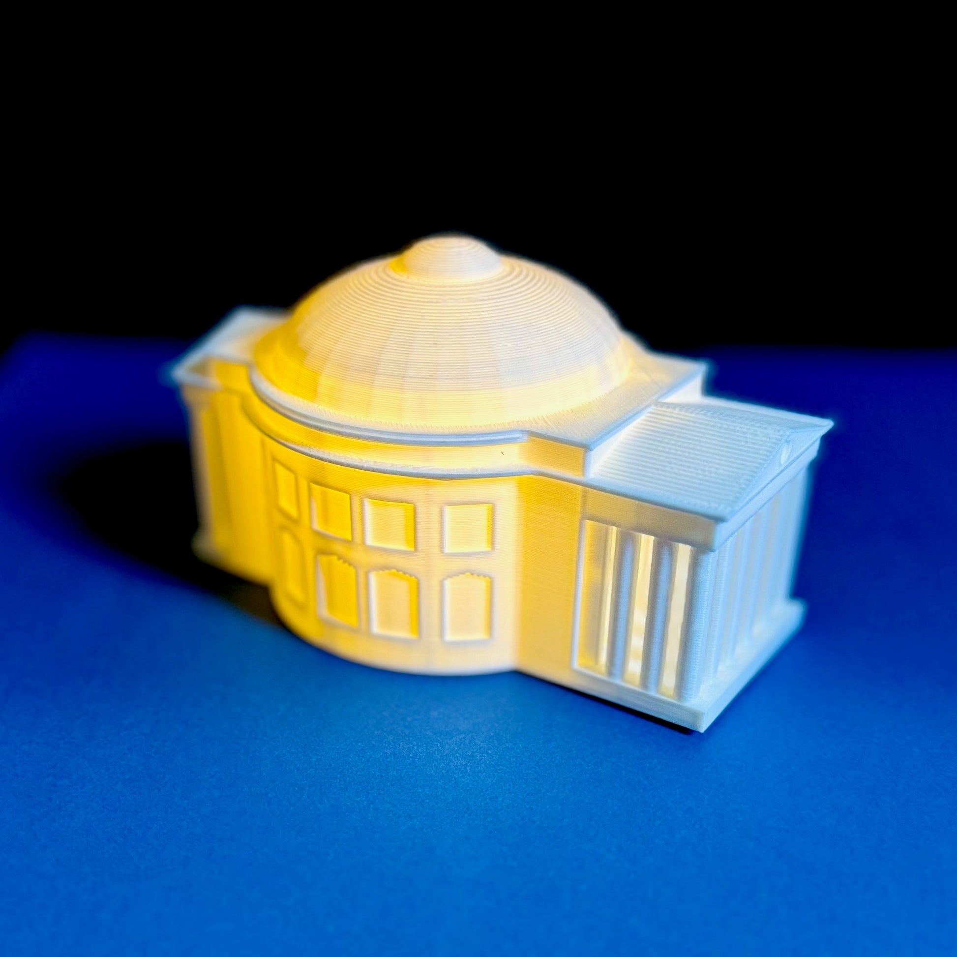 Side view of the UVA party decoration, designed as the UVA Rotunda.