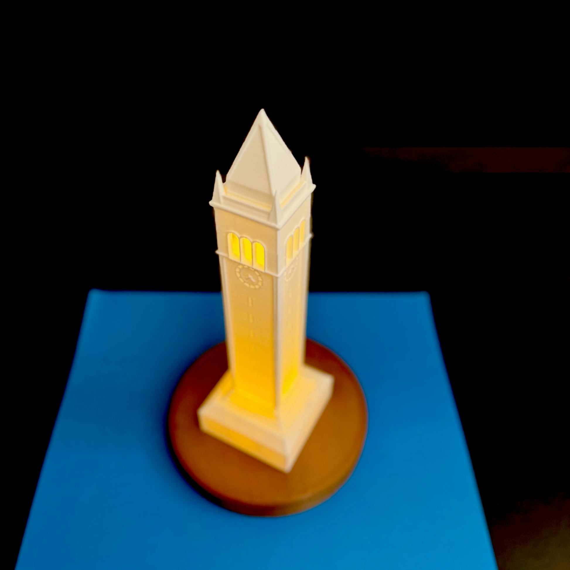 Top view of the lighted Berkeley Campanile, used as a Berkeley acceptance gift.