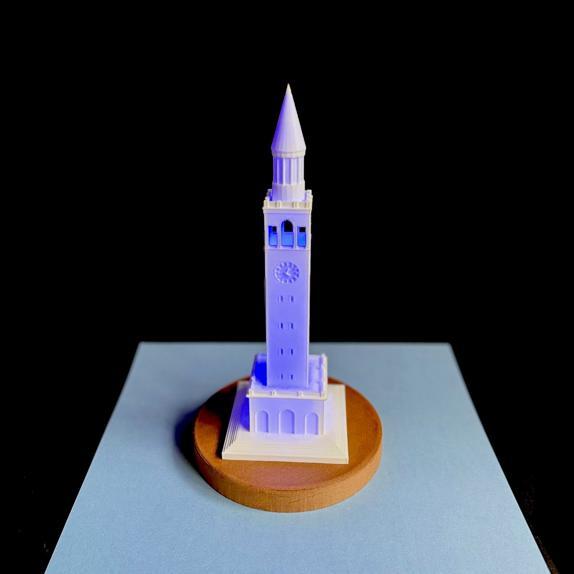 Front view of the Bell Tower light, shown in blue.