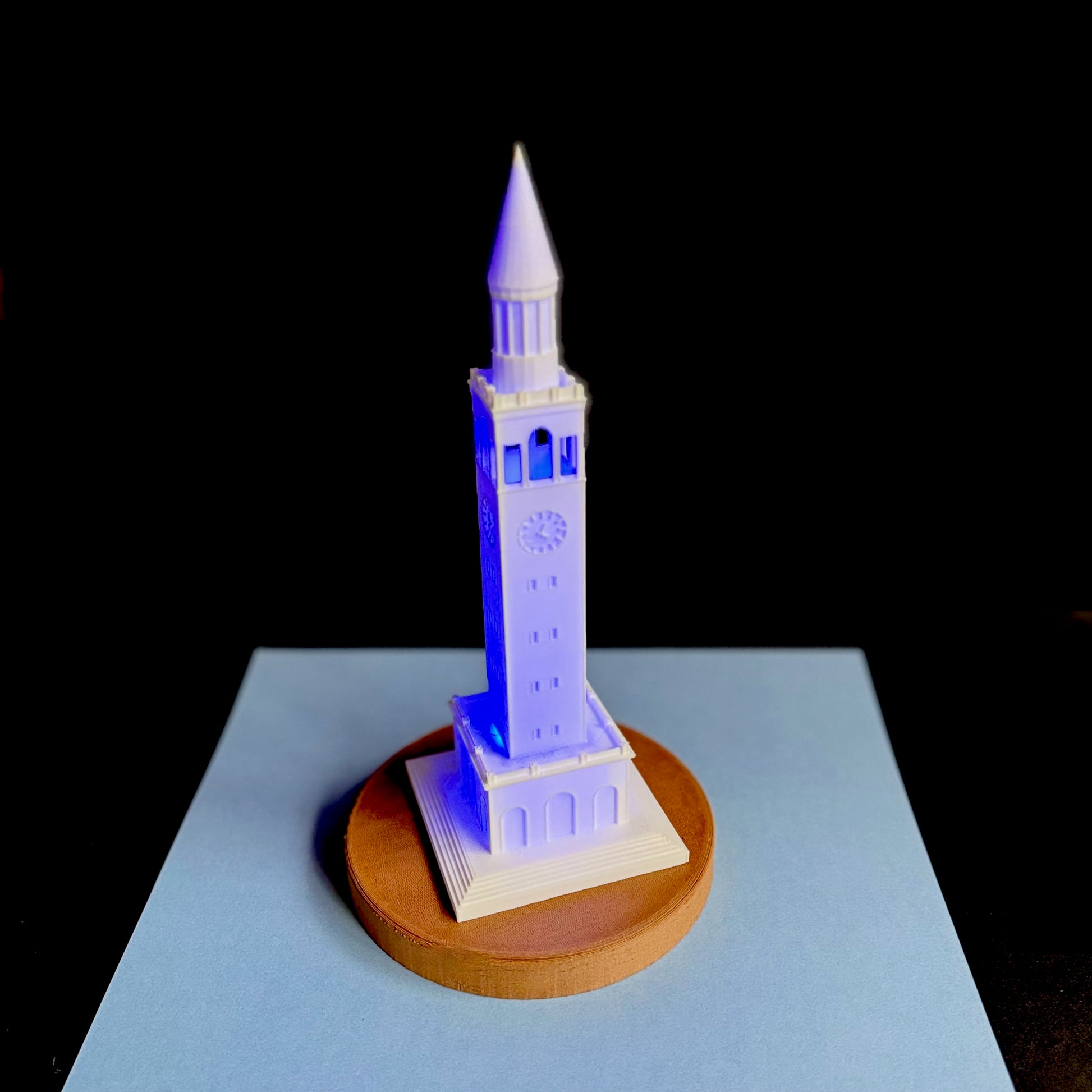 The UNC Tower light, shown in blue.