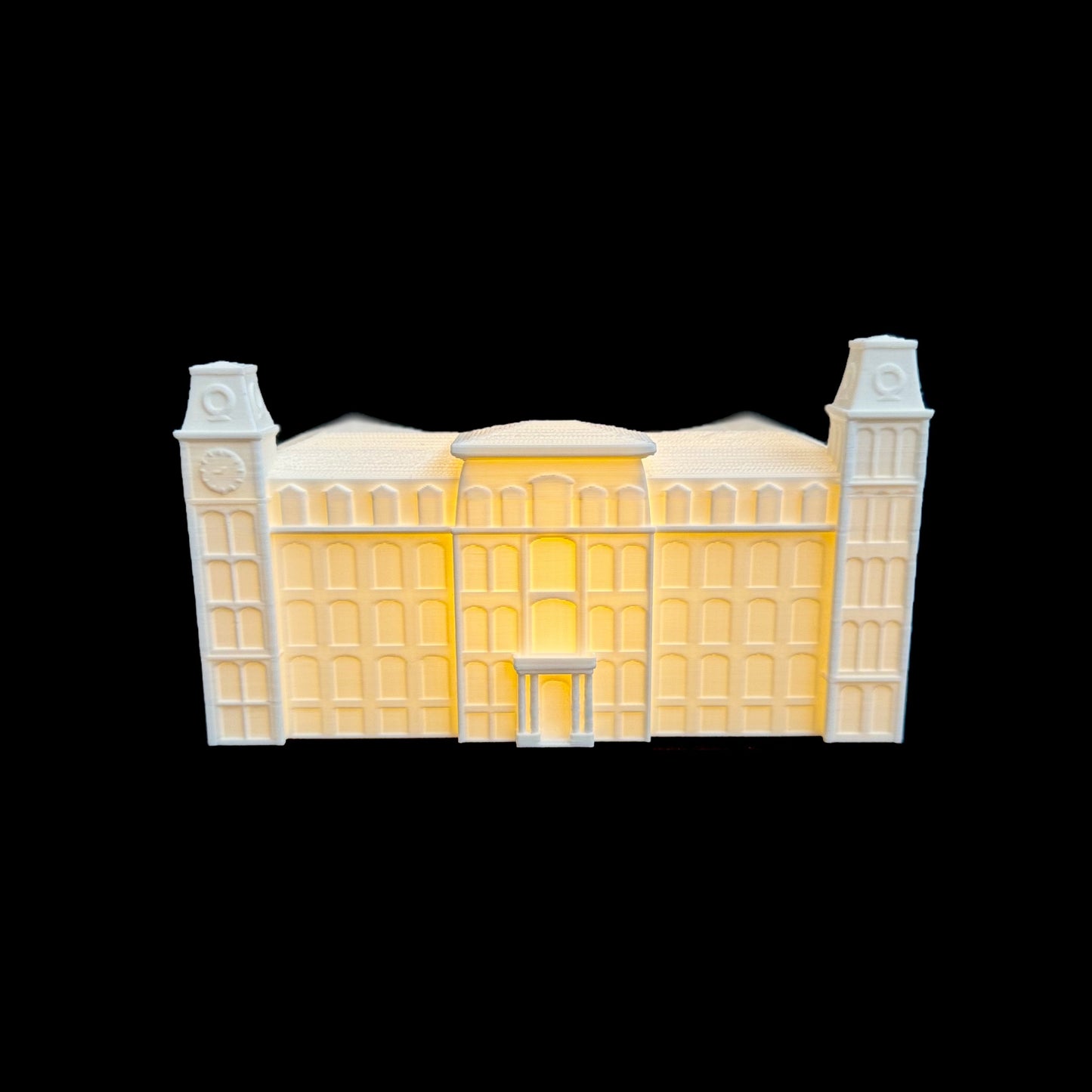 Front view of the University of Arkansas figurine of the Old Main building on the Fayetteville campus.