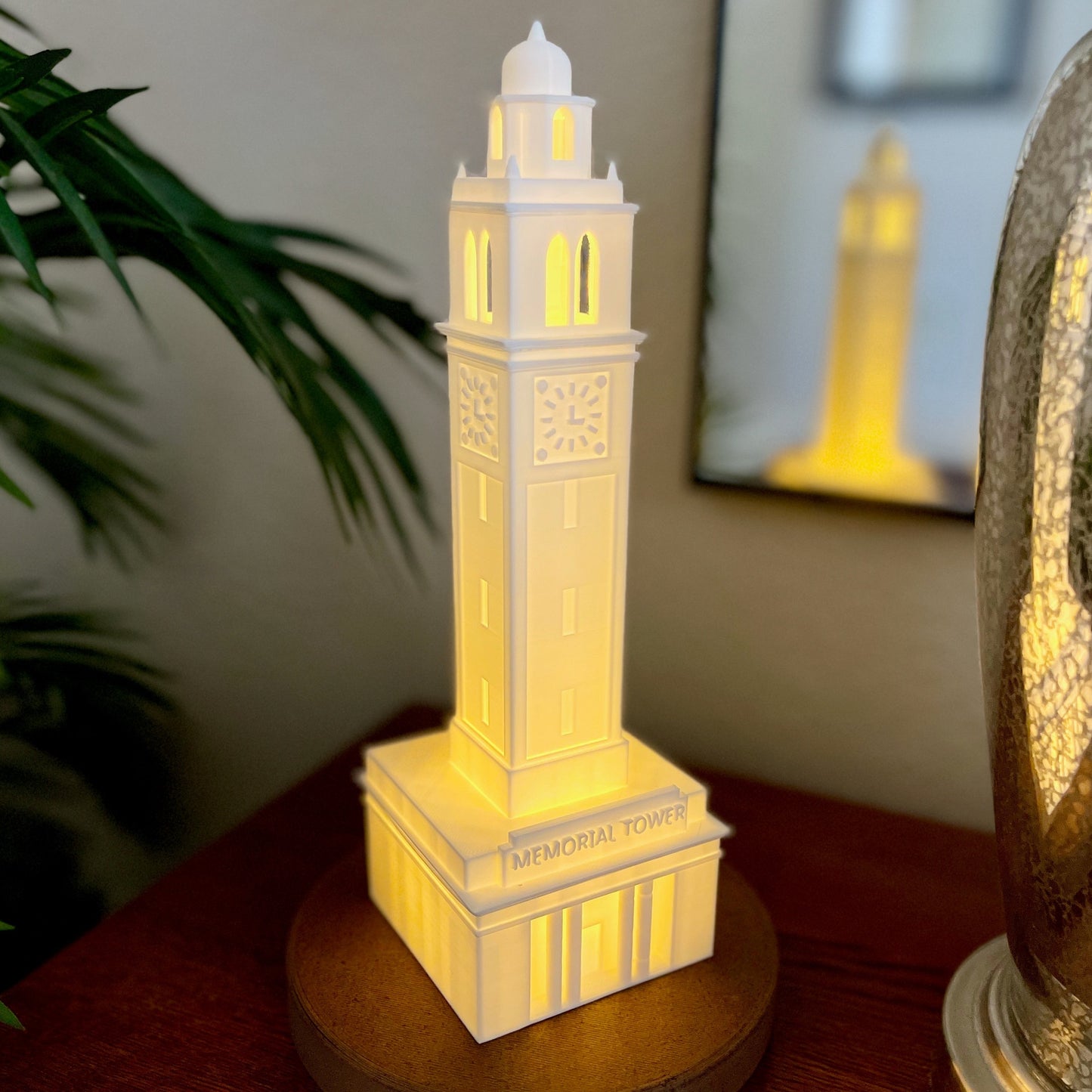 The LSU lamp, used as LSU dorm decor and displayed in a dorm room.