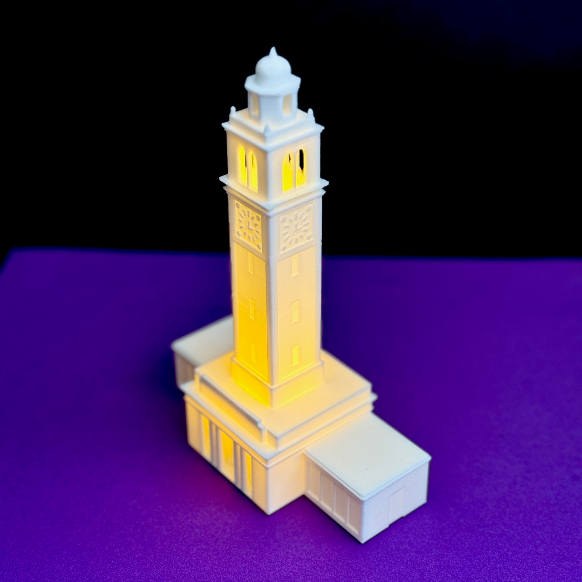 Side view of the LSU night light, designed in honor of the Memorial Tower on campus.