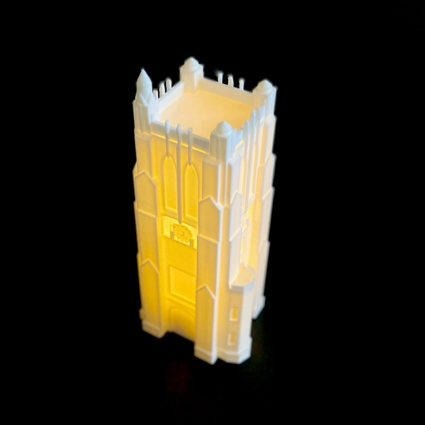 Top view of the lighted Michigan State home decor item, designed in honor of the Beaumont tower.