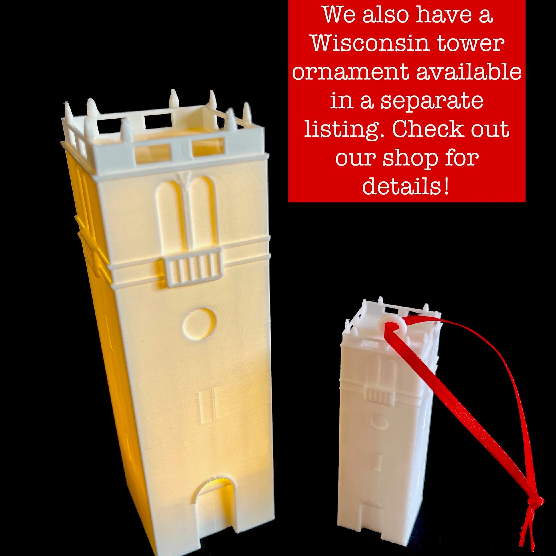 The University of Wisconsin tower light, shown next to the University of Wisconsin ornament.