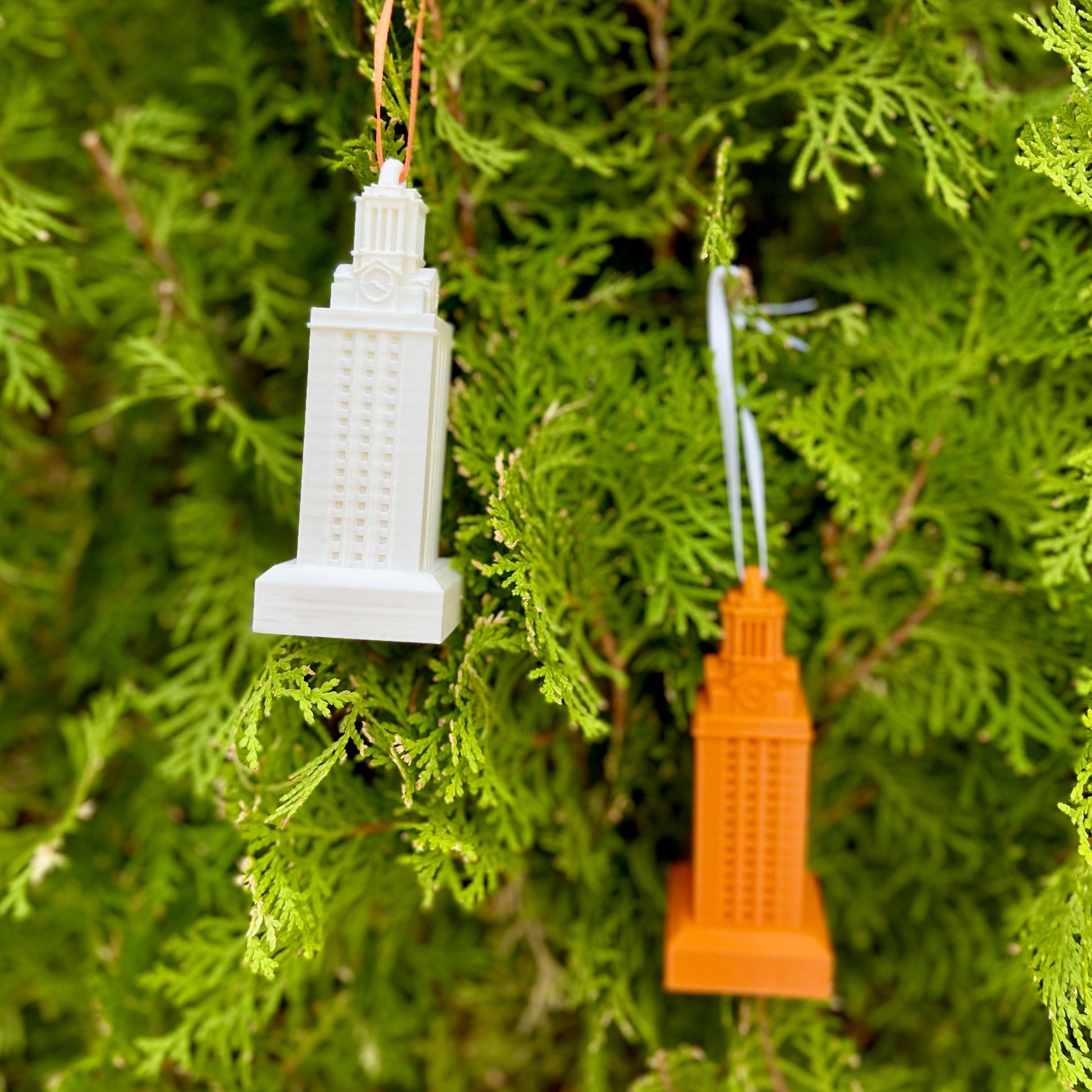 The University of Texas Christmas decorations, shown on a Christmas tree.