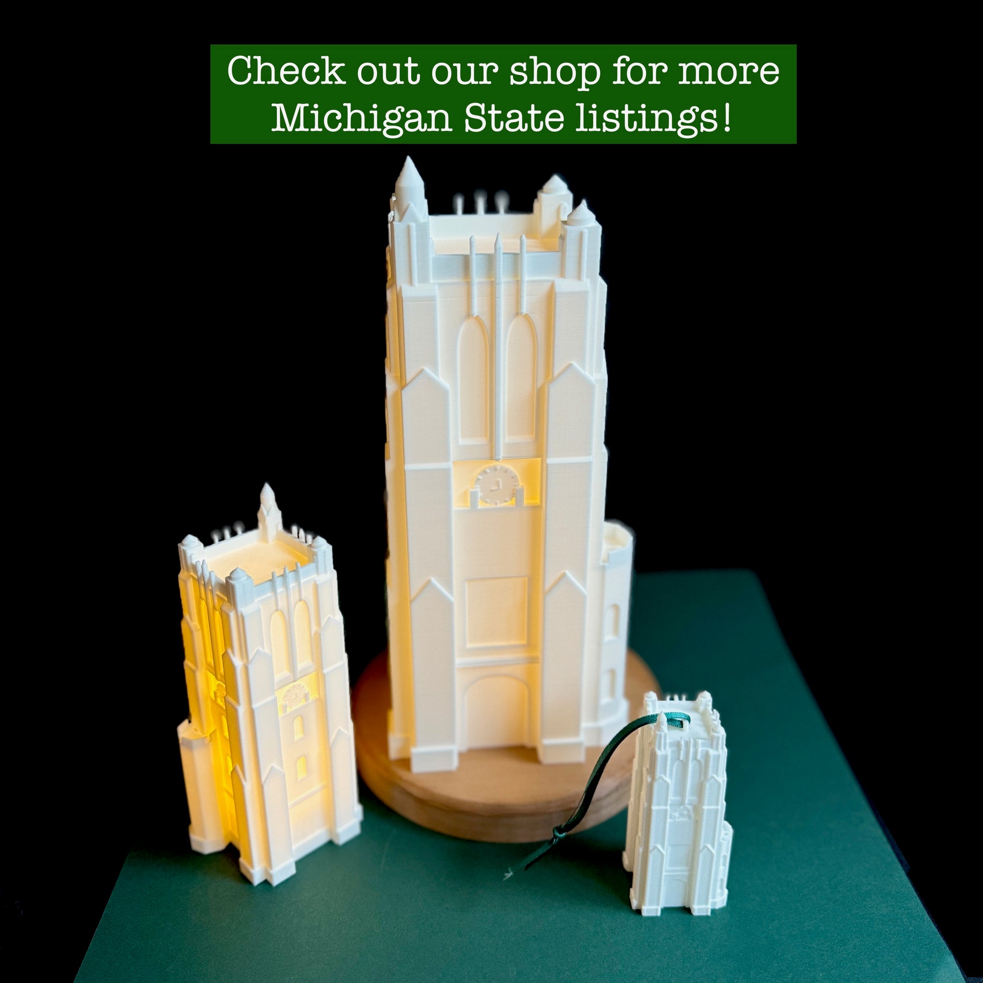 The Michigan State Beaumont Tower light, shown in large and small versions, along with the Beaumont Tower ornament.