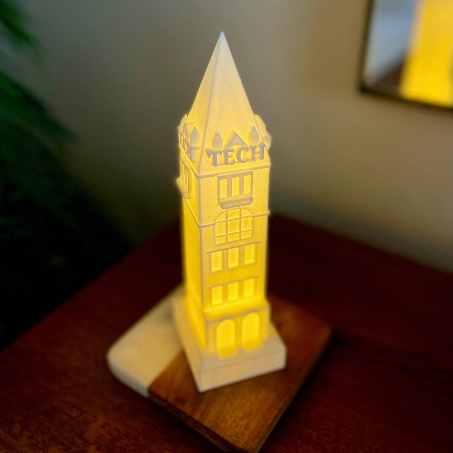 The Georgia Tech home decoration, shown as a light designed to look like the Georgia Tech Tower.