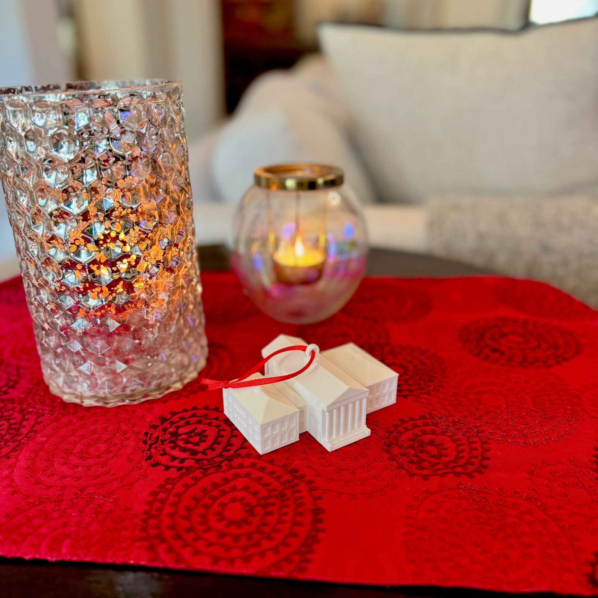 The Ole Miss Christmas ornament, shown in a home decorated for Christmas.