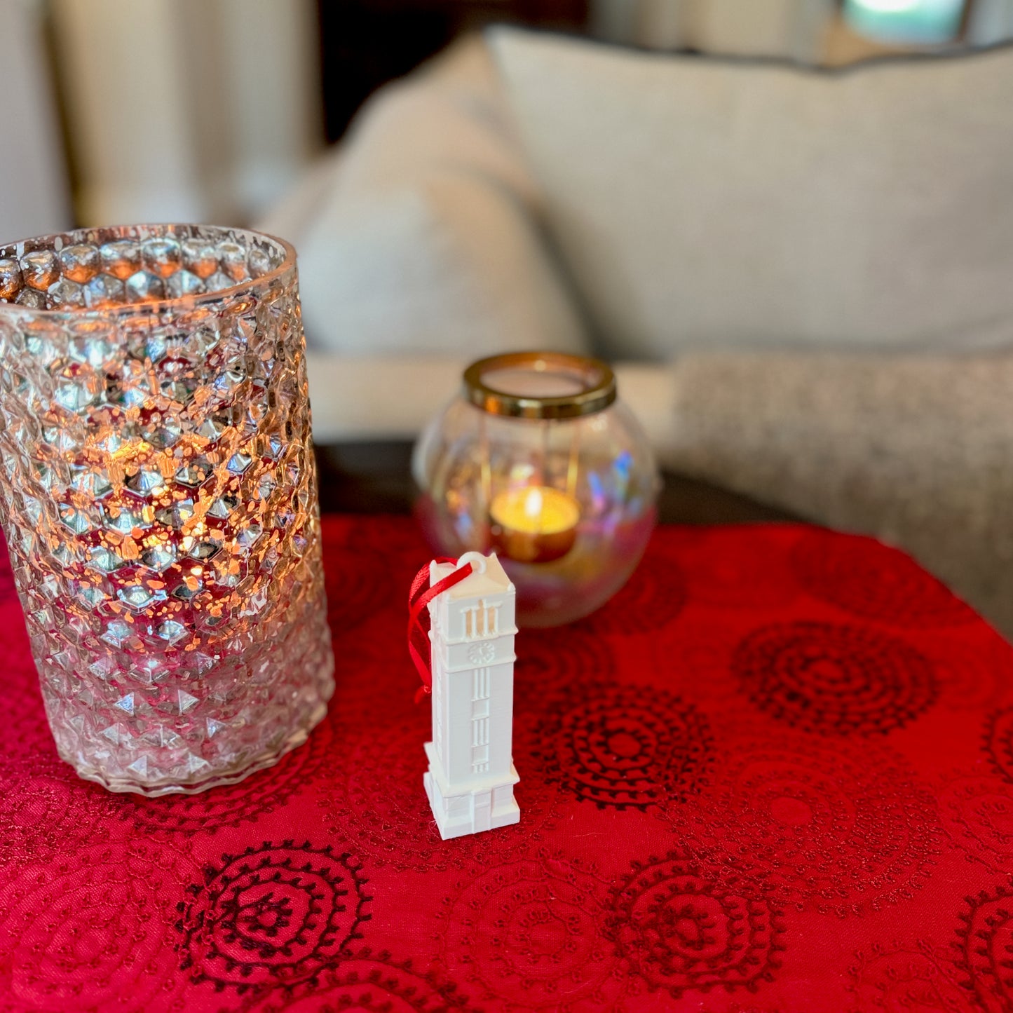 The NC State college ornament, shown in a home decorated for the Holidays.