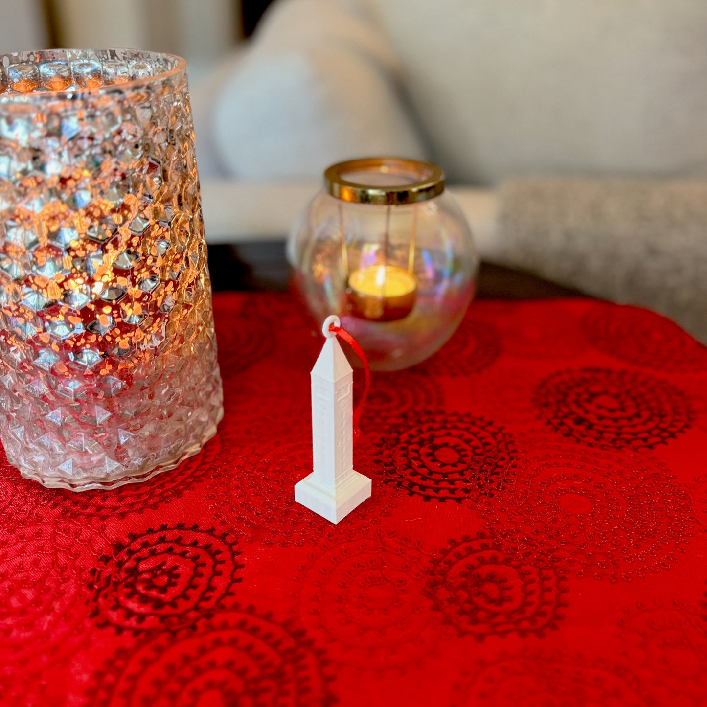 The Cornell Christmas ornament, shown in a home decorated for the Holidays.