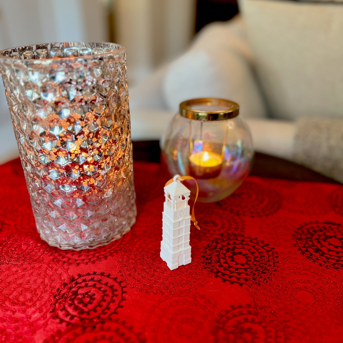 The Purdue bell tower college ornament, shown in a home decorated for the Holidays.