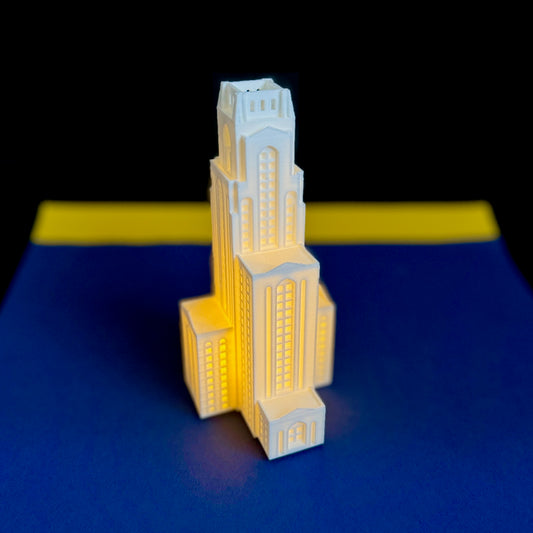 The Pitt University lighted figurine of the Pitt Cathy.