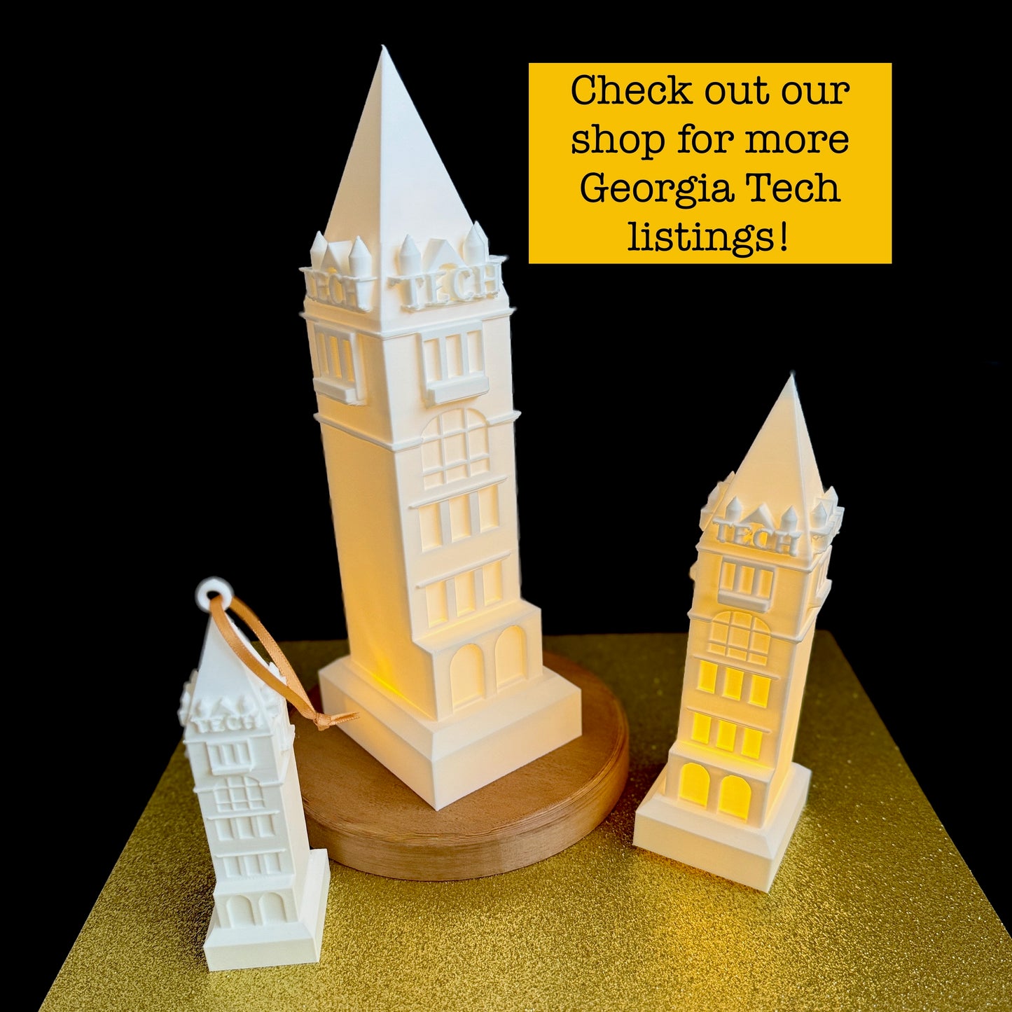 The Georgia Tech lights, shown next to the Georgia Tech ornament of the Tech Tower.