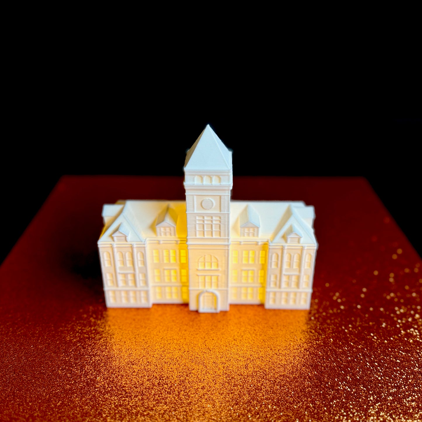 Top view of the lighted Tillman Hall figurine, used as a Clemson acceptance gift.