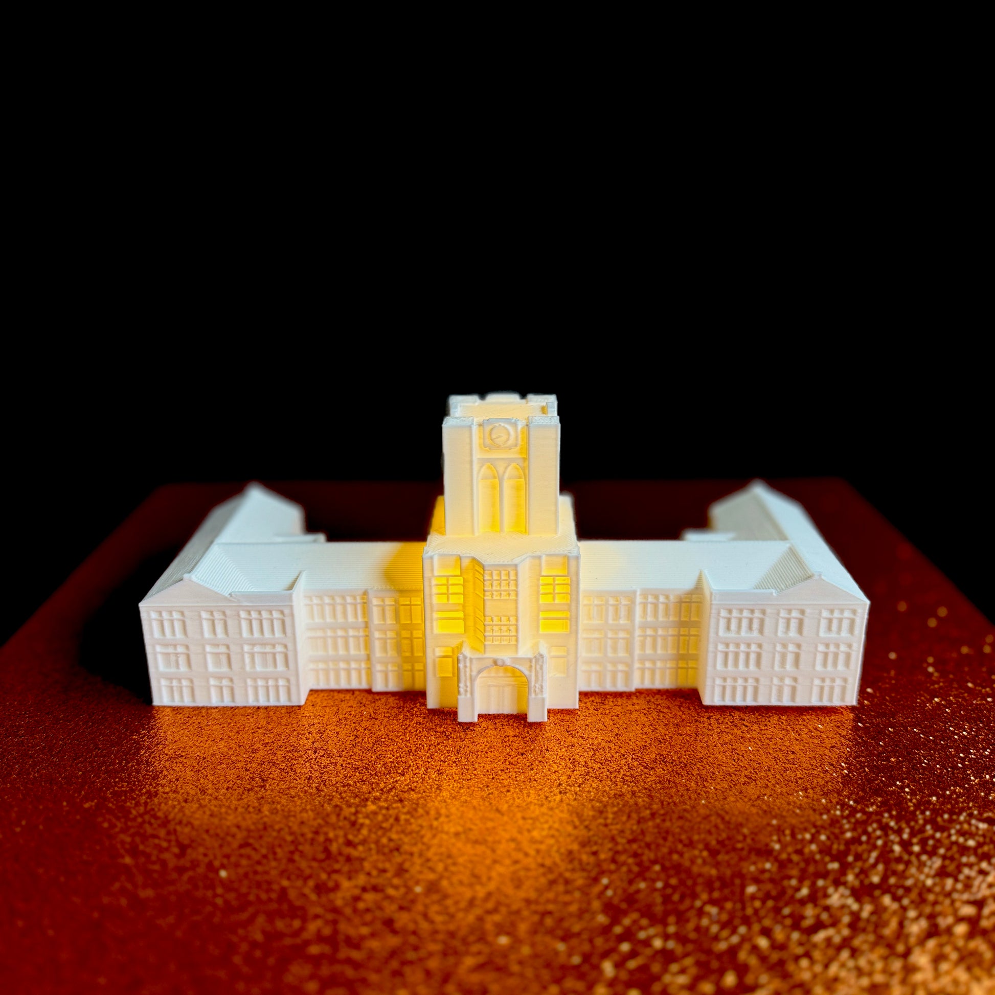 The lighted University of Tennessee figurine of Ayers Hall.