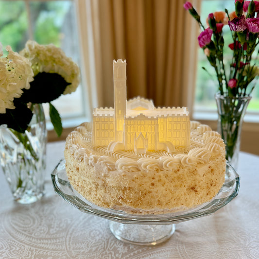 The Vanderbilt cake topper, shown on a graduation cake and designed in honor of Kirkland Hall.