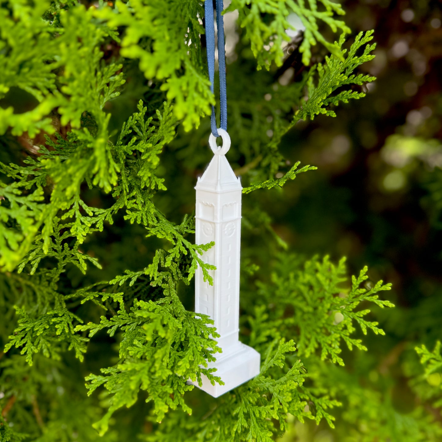 The Berkeley Campanile ornament, shown on a Christmas tree.