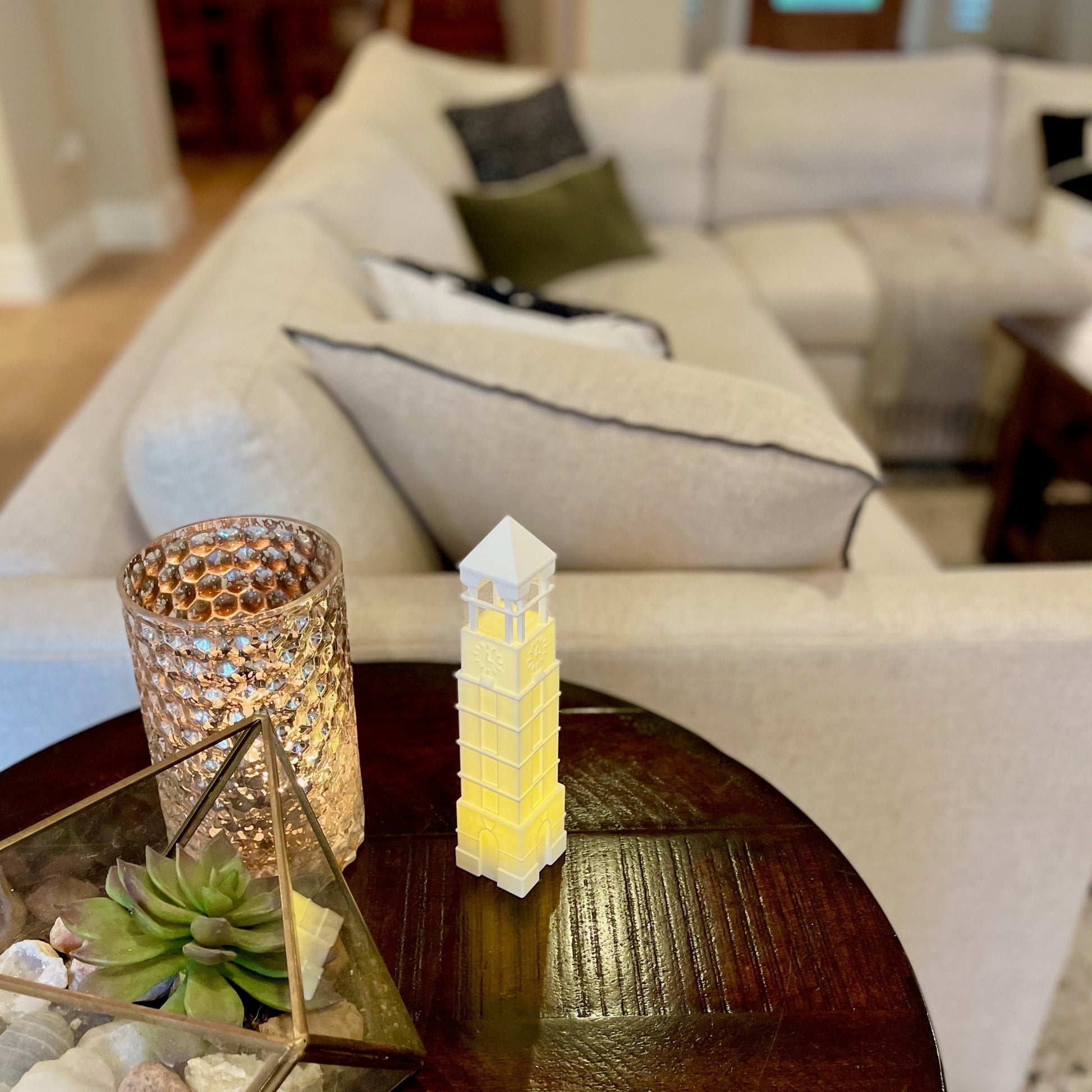 The Purdue home decoration, shown on a living room side table.