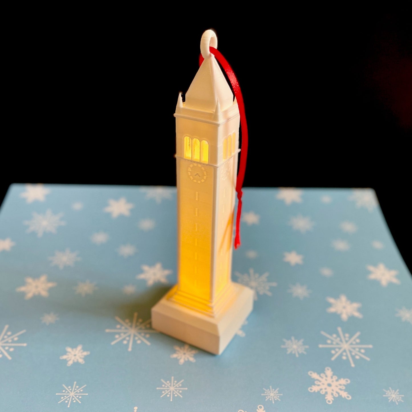 Side view of the Berkeley Campanile lighted ornament.