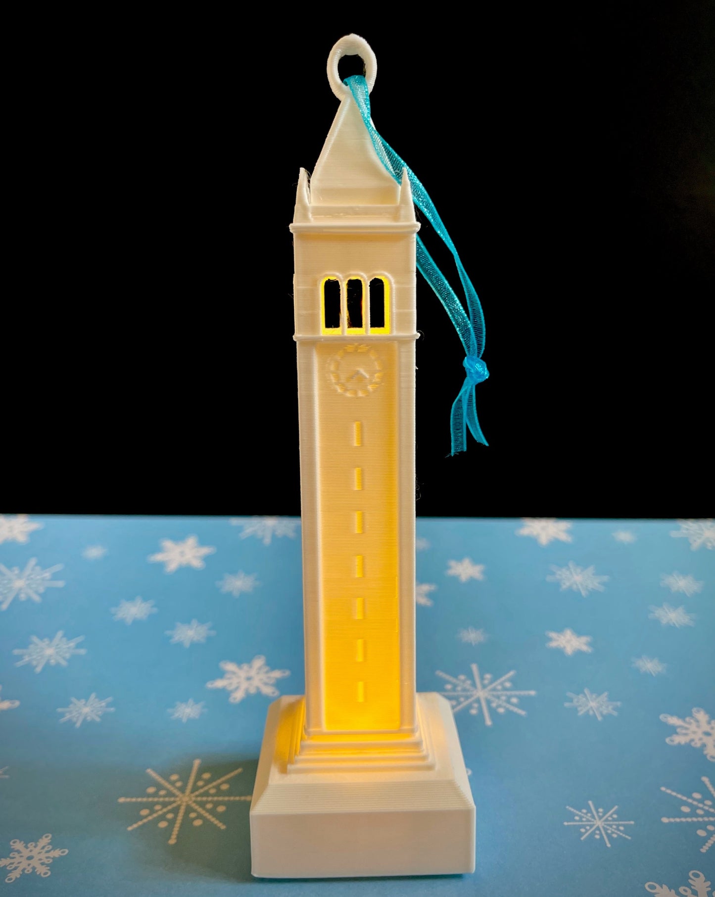 Closeup view of the Berkeley ornament, designed as a replica of the Berkeley tower. 