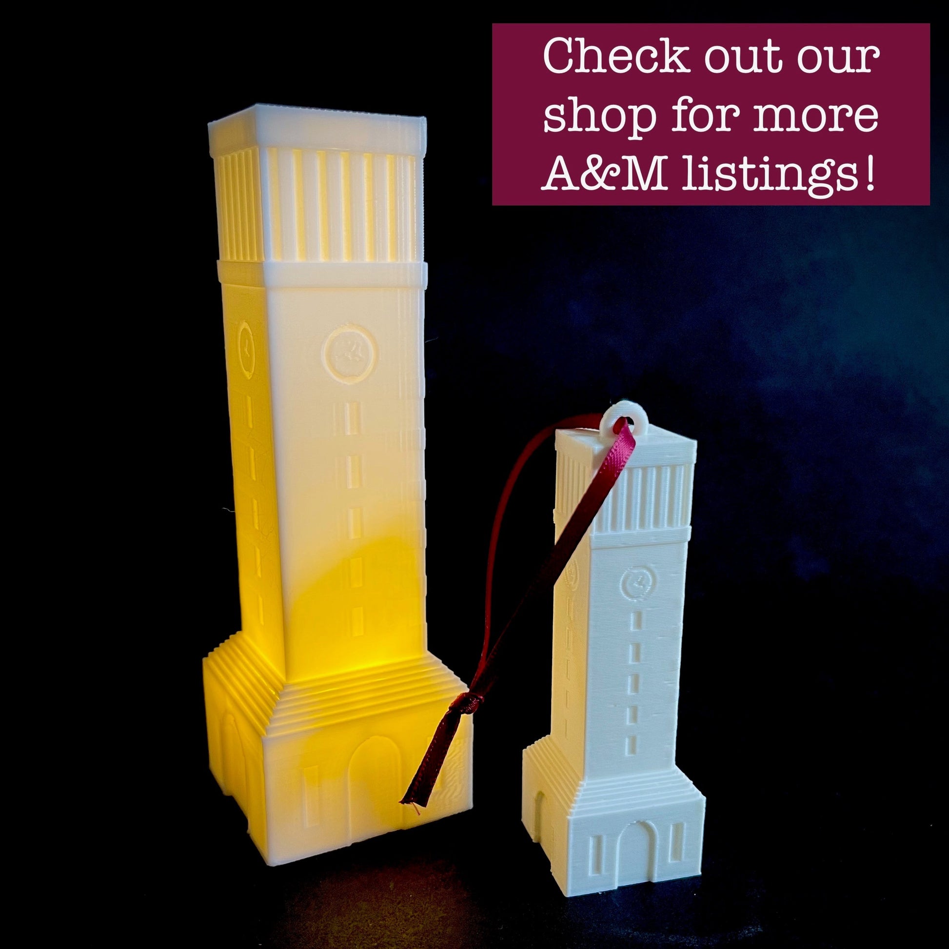 The Texas A&M lighted figurine, shown next to the Texas A&M campus ornament.