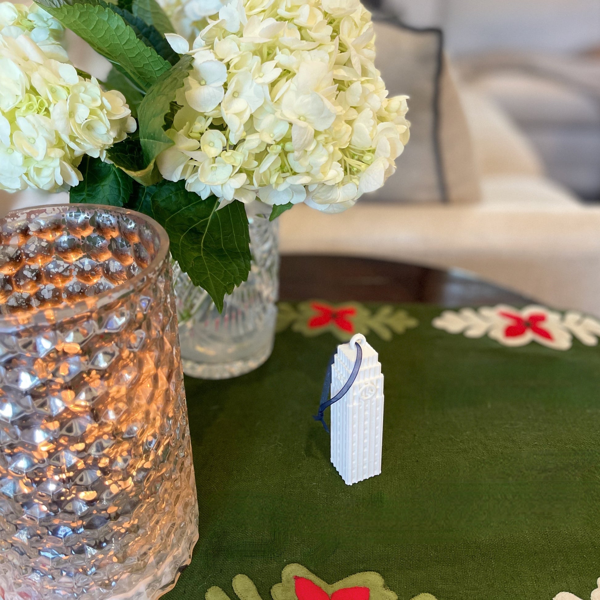 University of Michigan Christmas decor, shown in a home decorated for the holidays.