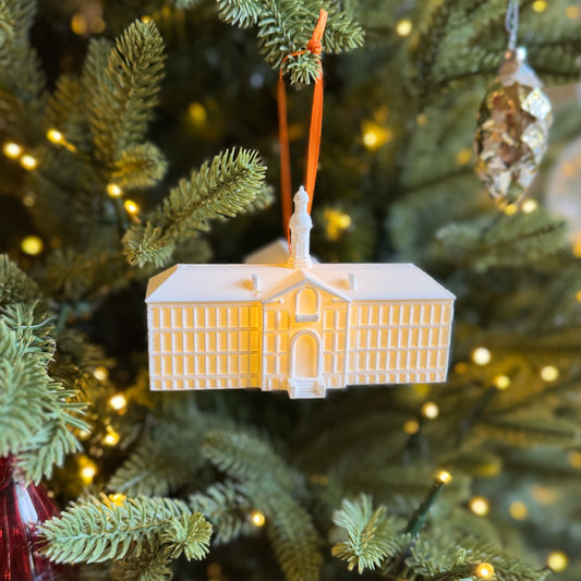 Front view of the Princeton ornament depicting Nassau Hall, shown on a Christmas tree.