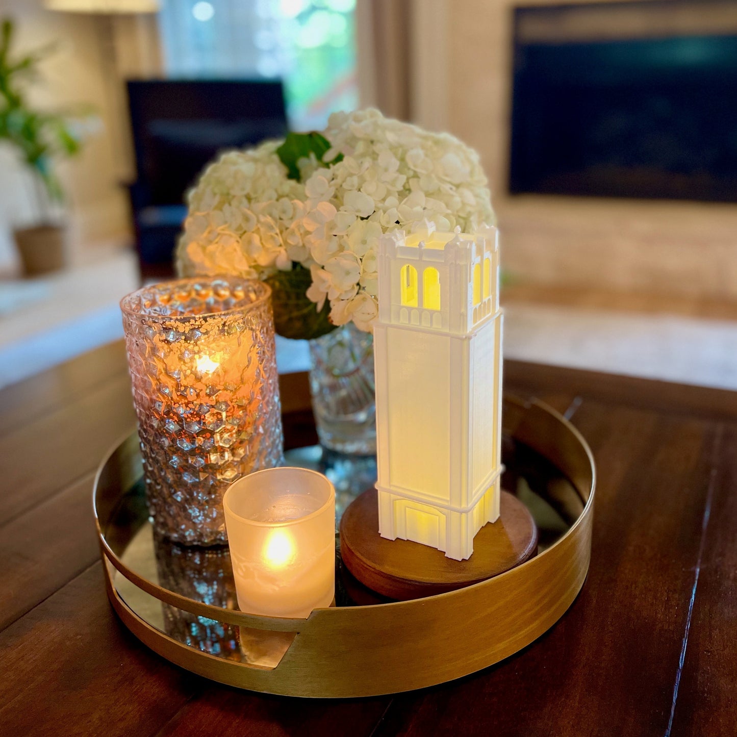 The University of Florida home decor light, shown on a living room tray.