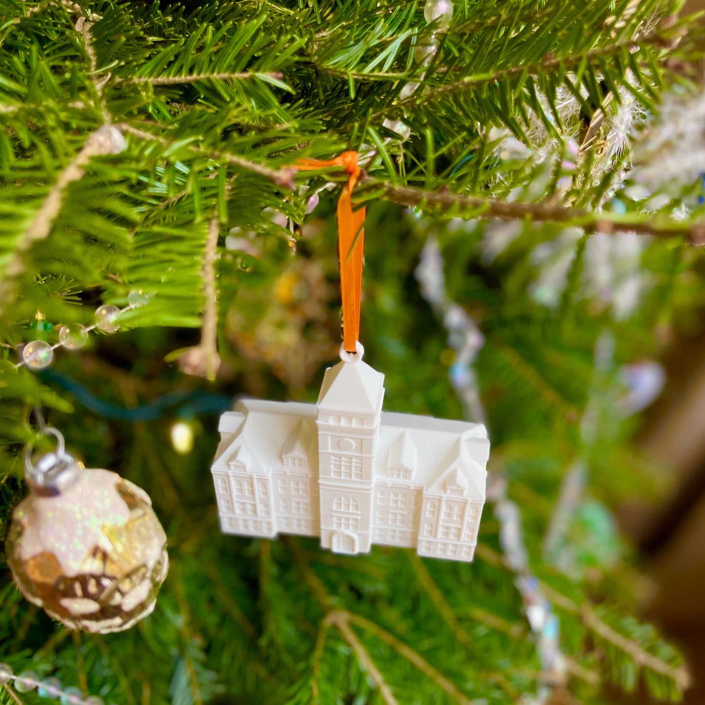 The Clemson University ornament, shown on a Christmas tree.