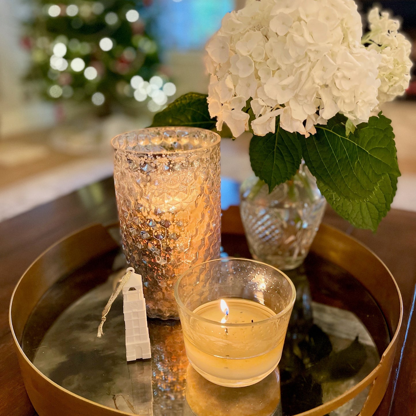 The Purdue bell tower ornament, shown in a home decorated for Christmas.