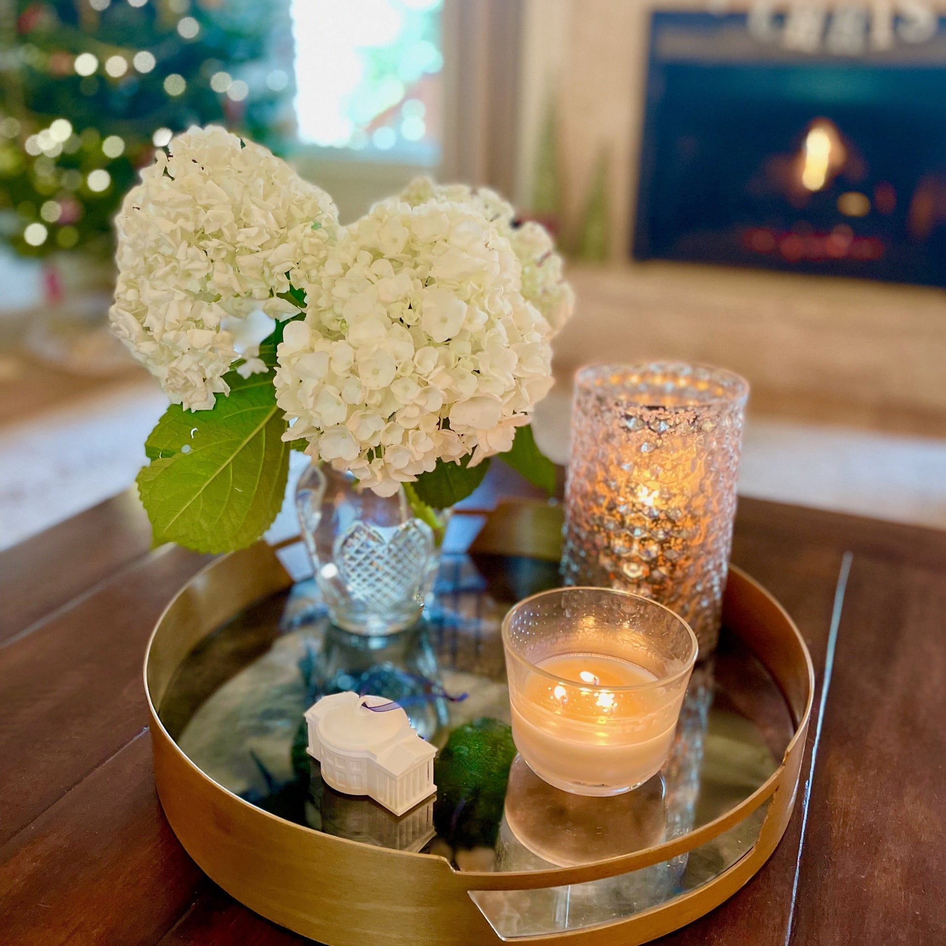 The UVA Christmas decoration, shown in a home decorated for the holidays.