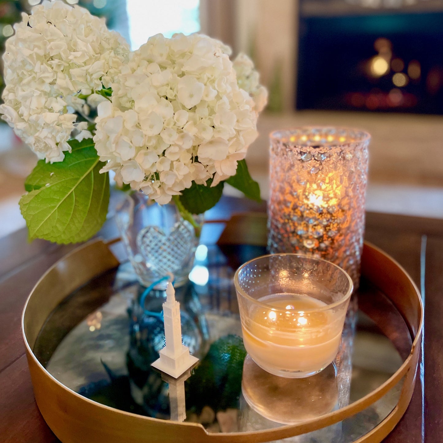 The UNC Tower ornament, shown in a home decorated for the holidays.