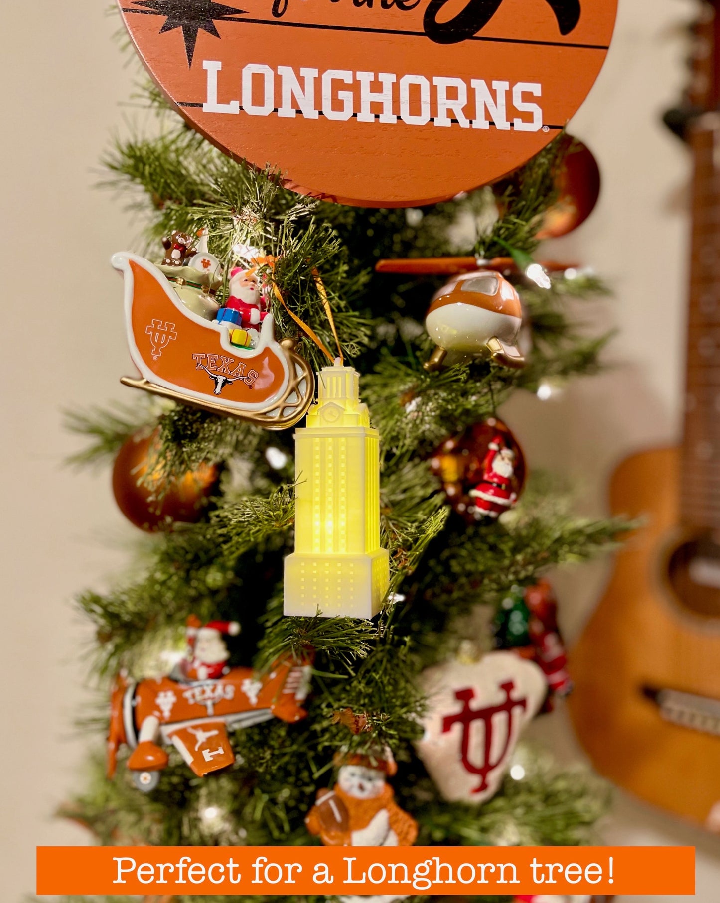 The UT Tower ornament, shown on a University of Texas tree.