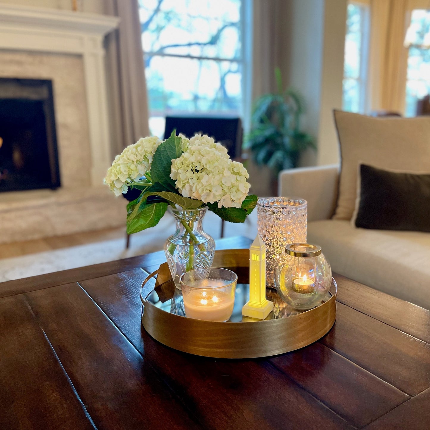 The Berkeley Campanile lighted figurine styled in a living room.