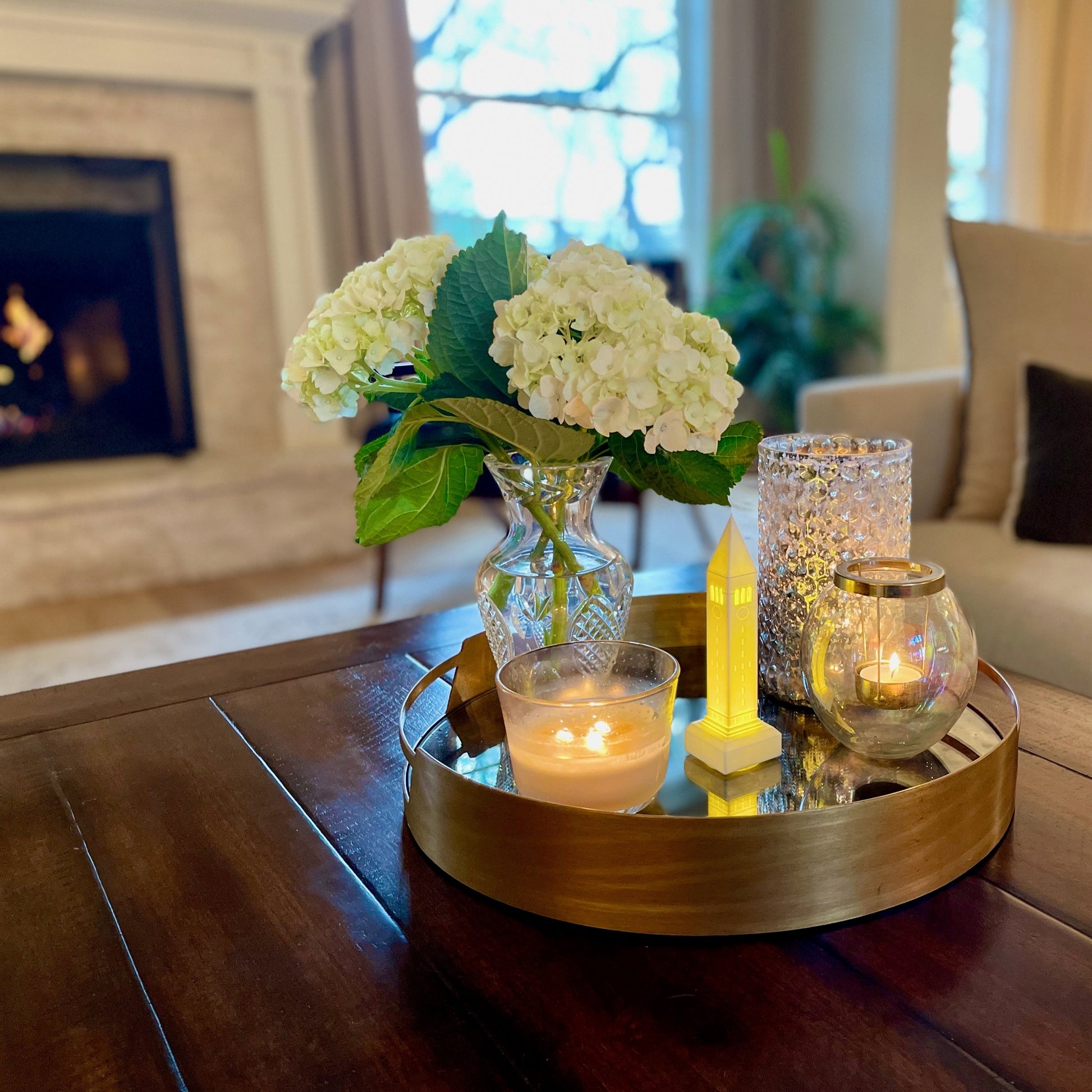 The Cornell lighted figurine, shown on a living room tray.