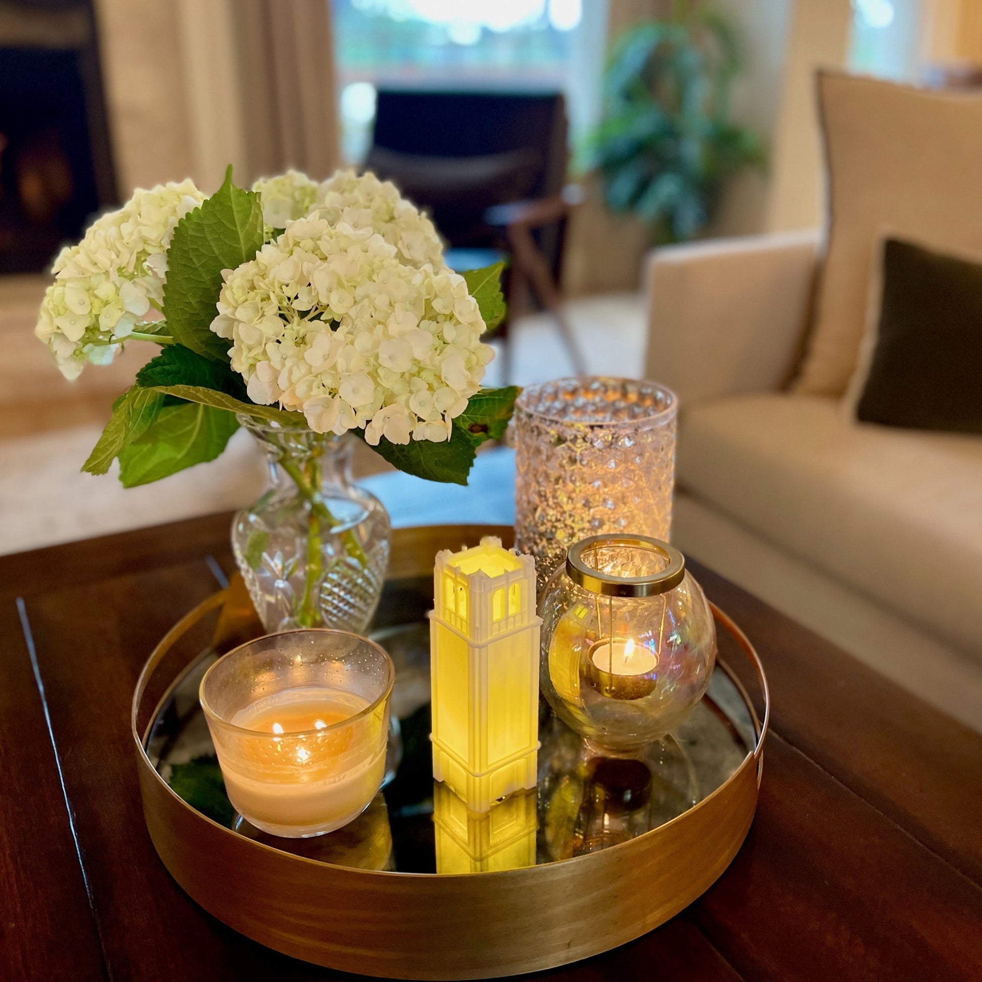 The University of Florida graduation party decoration, shown in a living room.